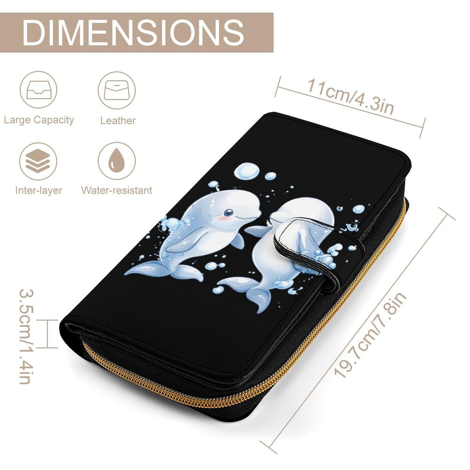 Cute Beluga Whale Couples Long Wallet PU Leather Credit Card Holder Durable Zippered Purse Clutch Wallet