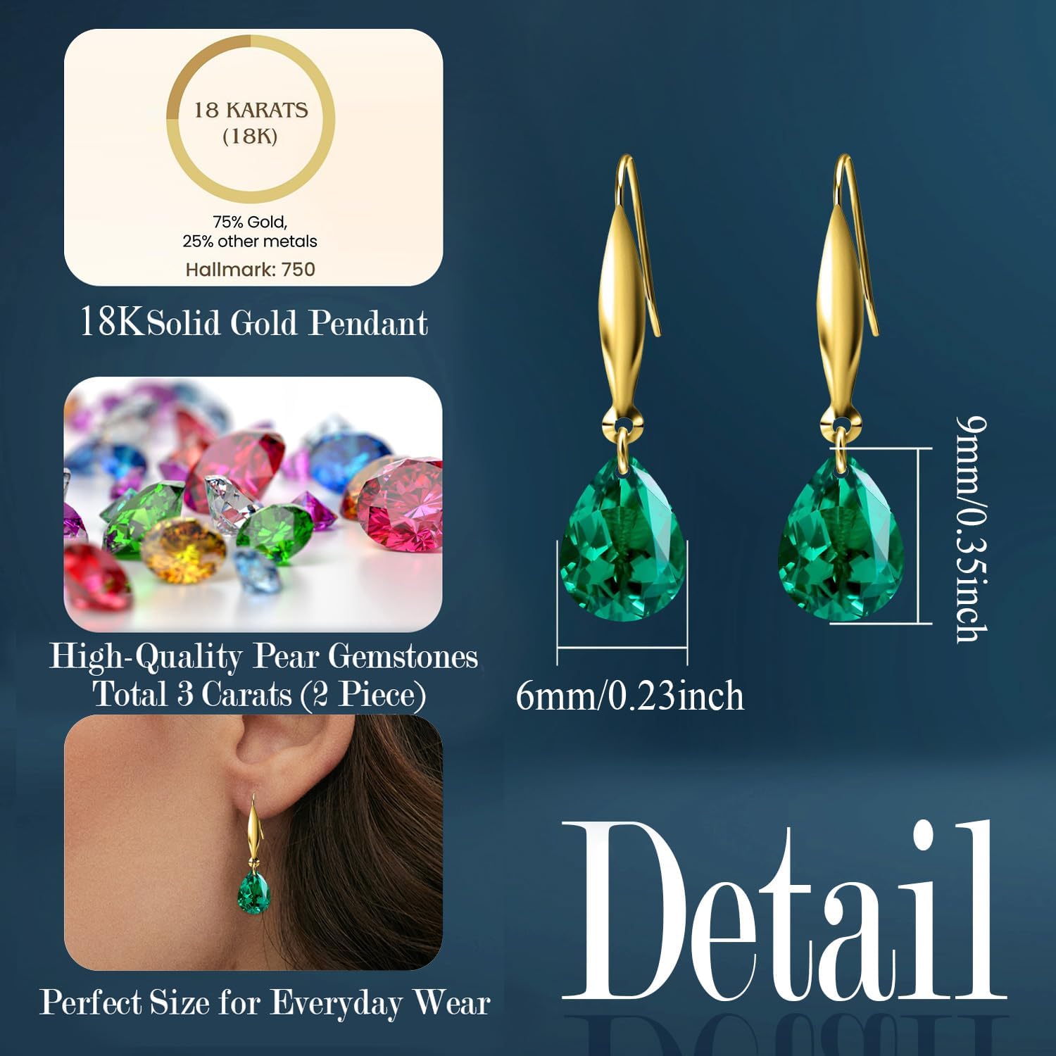 18K Gold Pear Birthstone Dangle Earrings for Women,Teardrop Created Gemstone Earring(Total 3 Carat 6MM*9MM*2) Anniversary Birthday Mother's Day Jewelry for Mom Her - Image 4