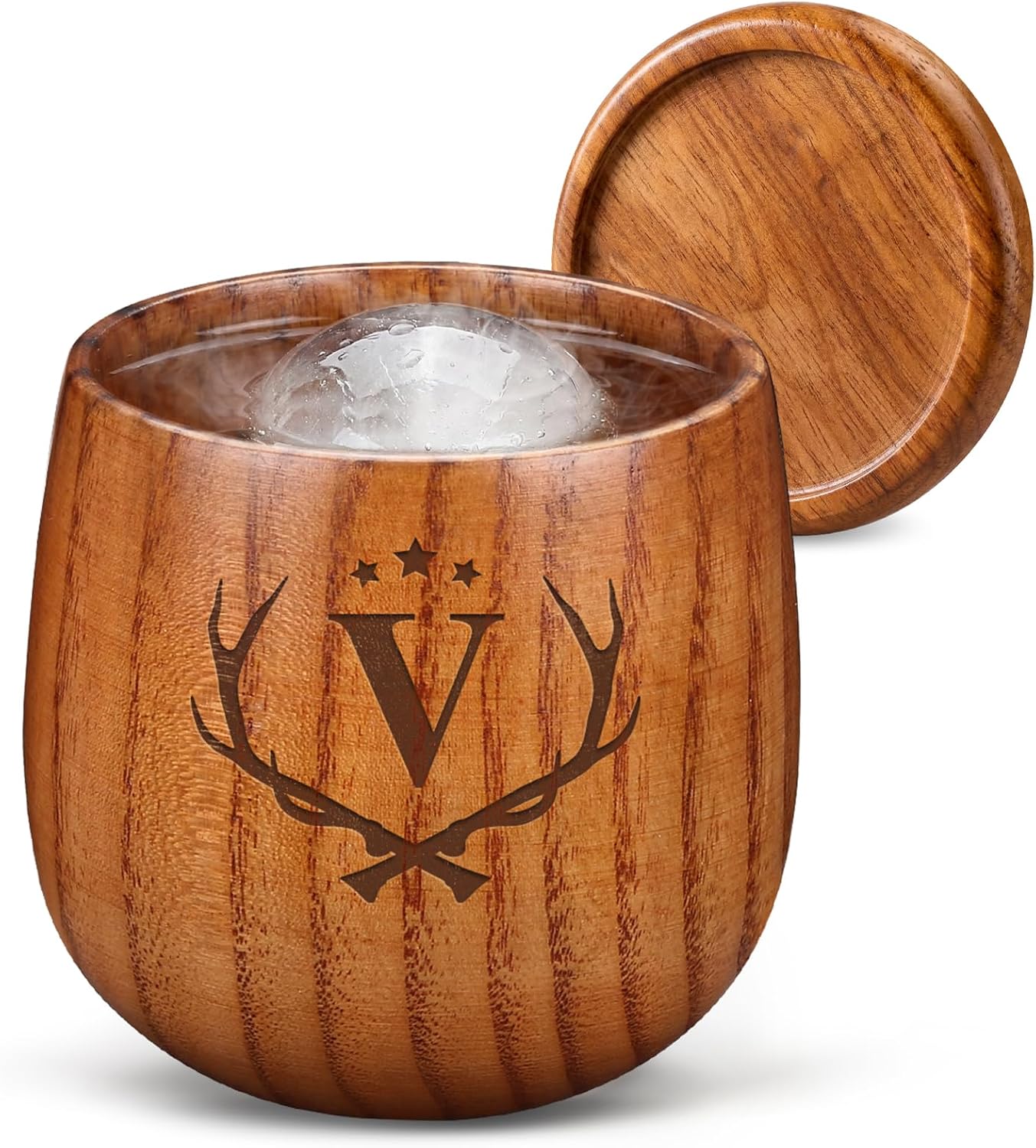 Birthday Gifts for Men Whiskey Glasses Personalized Bourbon Glasses Engraved Wood Whiskey Tumbler Gifts for Him Men Husband Dad Whiskey Lovers Groomsmen Gifts Initial Bourbon Drinking Glass Cup (V)