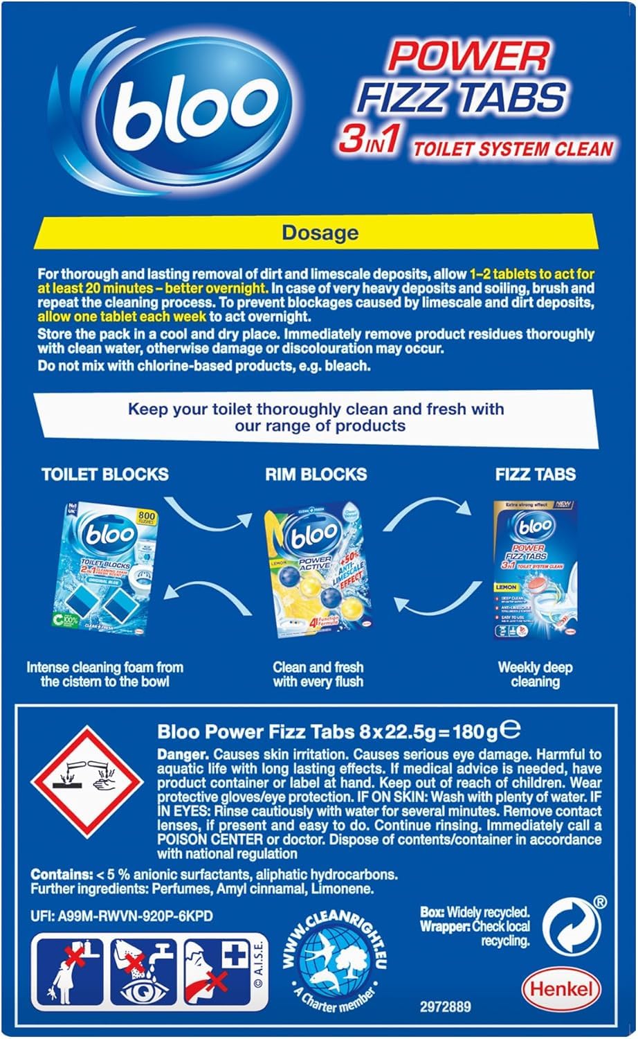 Bloo Power Fizz Tabs, 8 pastiglie anticalcare per pulizia profonda del WC, 8 x 22,5 g x 8
