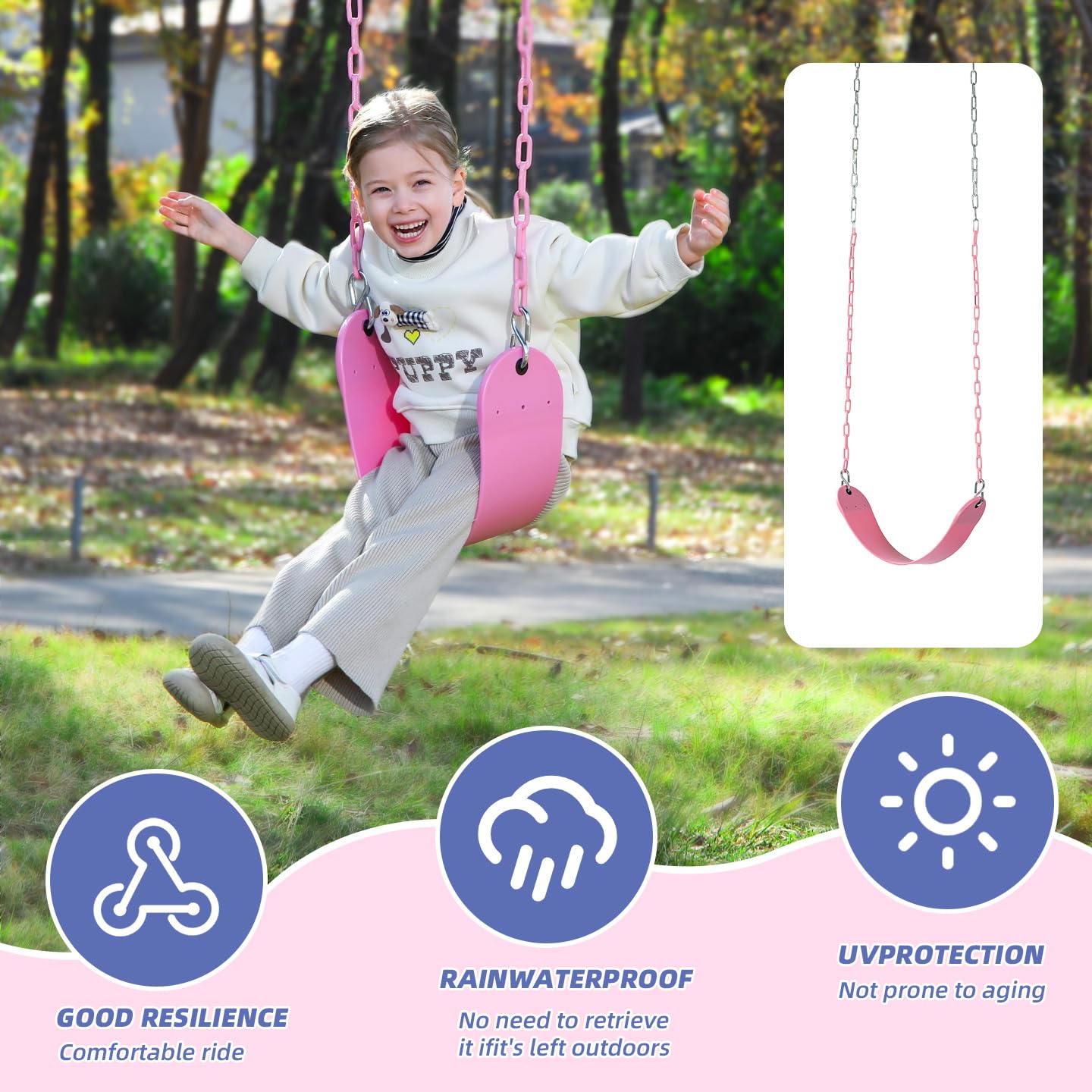 Pink Swing Seat - Heavy Duty Chain Plastic Coated - Playground Swing Set Accessories Replacement Gift Box Set Birthday Gift