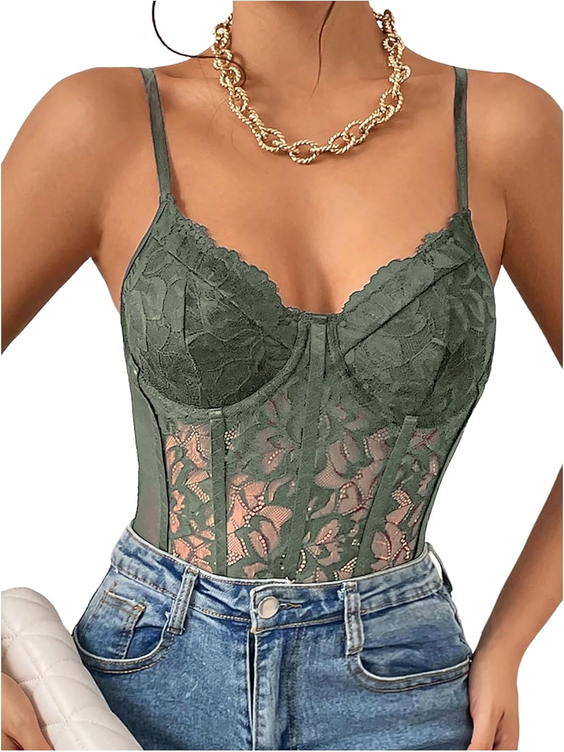 COZYEASE Women's Lace Bustier Cami Bodysuit Plain Sleeveless Slim Fit Sheer Mesh Corset Top Romper