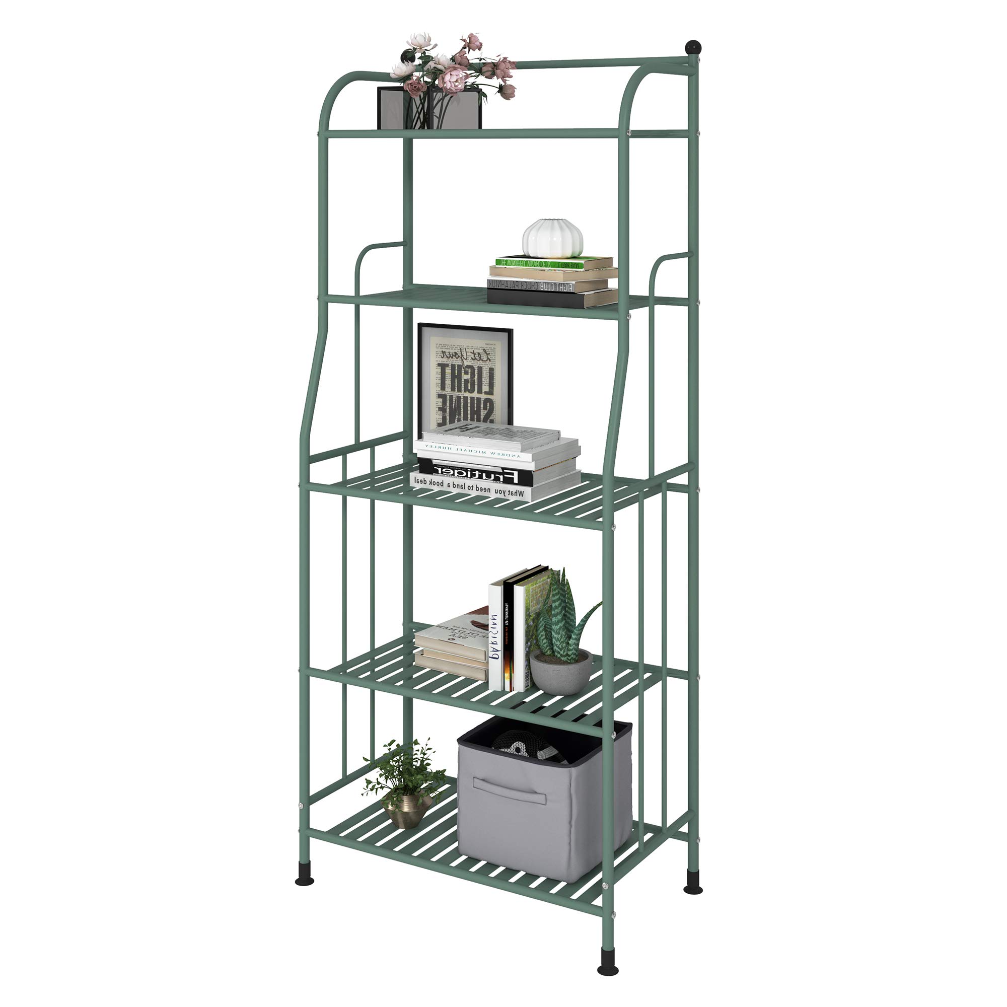 TZAMLI 5 Tier Metal Shelf Tower, Free Standing Shelving Unit Heavy Duty Shelves Rack Storage Organizer Bookshelf  Flower Stand (Green, 5 Tier)