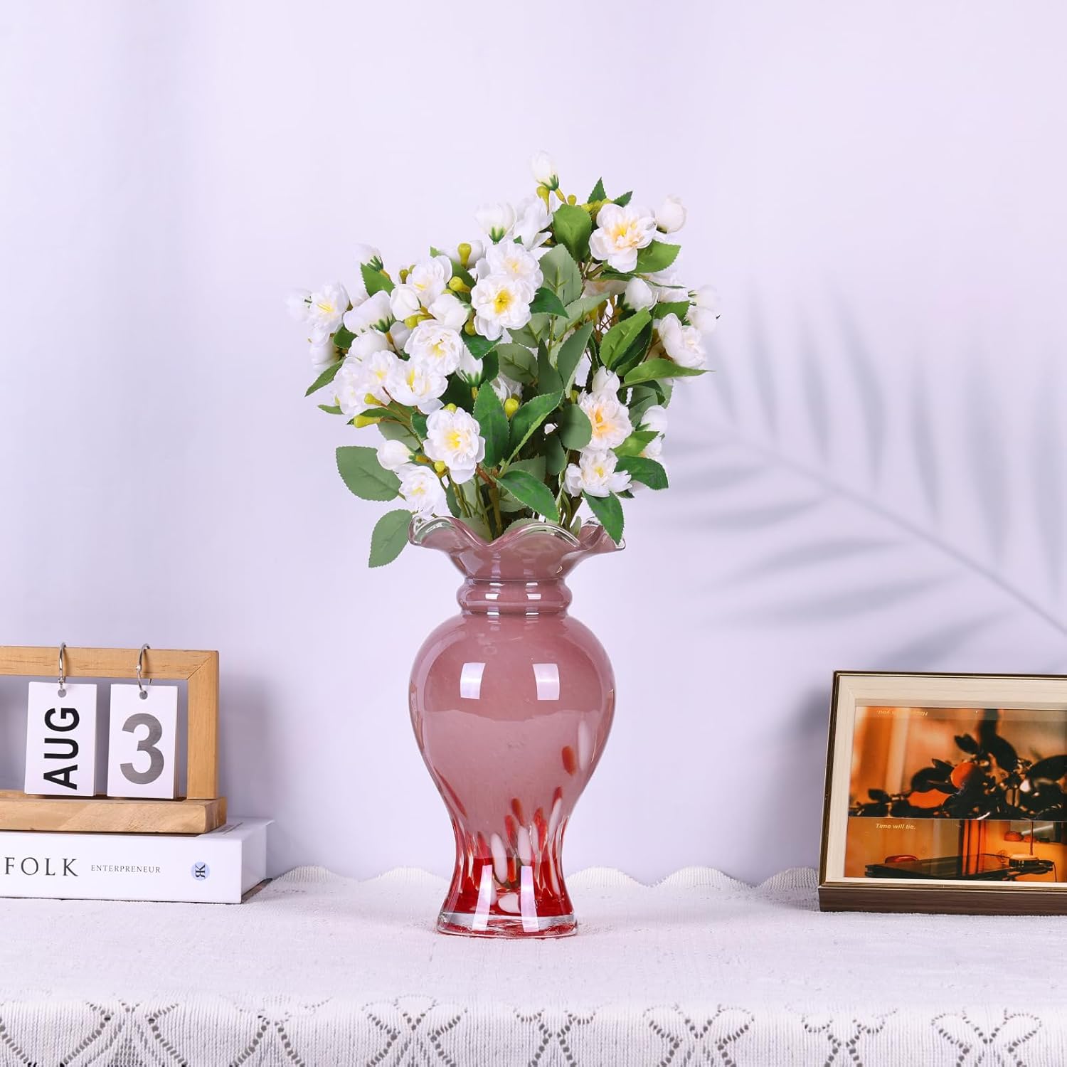 Hand Blown Glass vase, Glass Wide Mouth Decorative vase, Pink vase, Office Table Centerpiece Coffee Table Mantle Wedding enterpiece Decorative vase. - Image 5