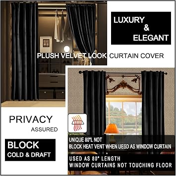 XTMYI Velvet Doorway Curtain, Backout Privacy Thermal Insulated Gothic Door Curtain, Black, 80 Inches Long