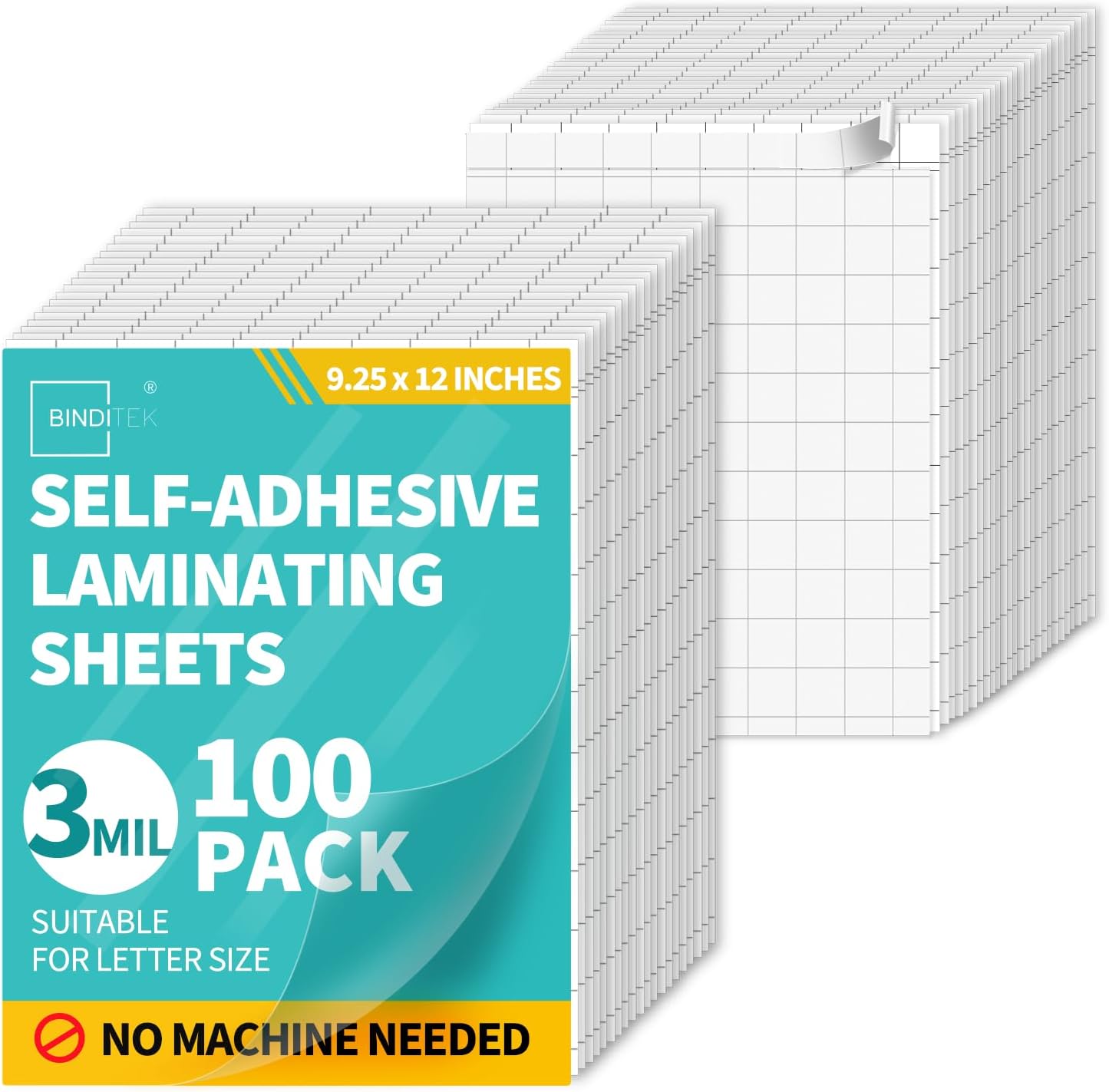 Binditek 100 Pack Self-Adhesive Laminating Sheets, 9.25 x 12 Inches for Letter Size, Grid-Backed for Easy Cutting, 3 Mil Thick, No Heat or Machine Needed, Clear Glossy Finish for School & Office