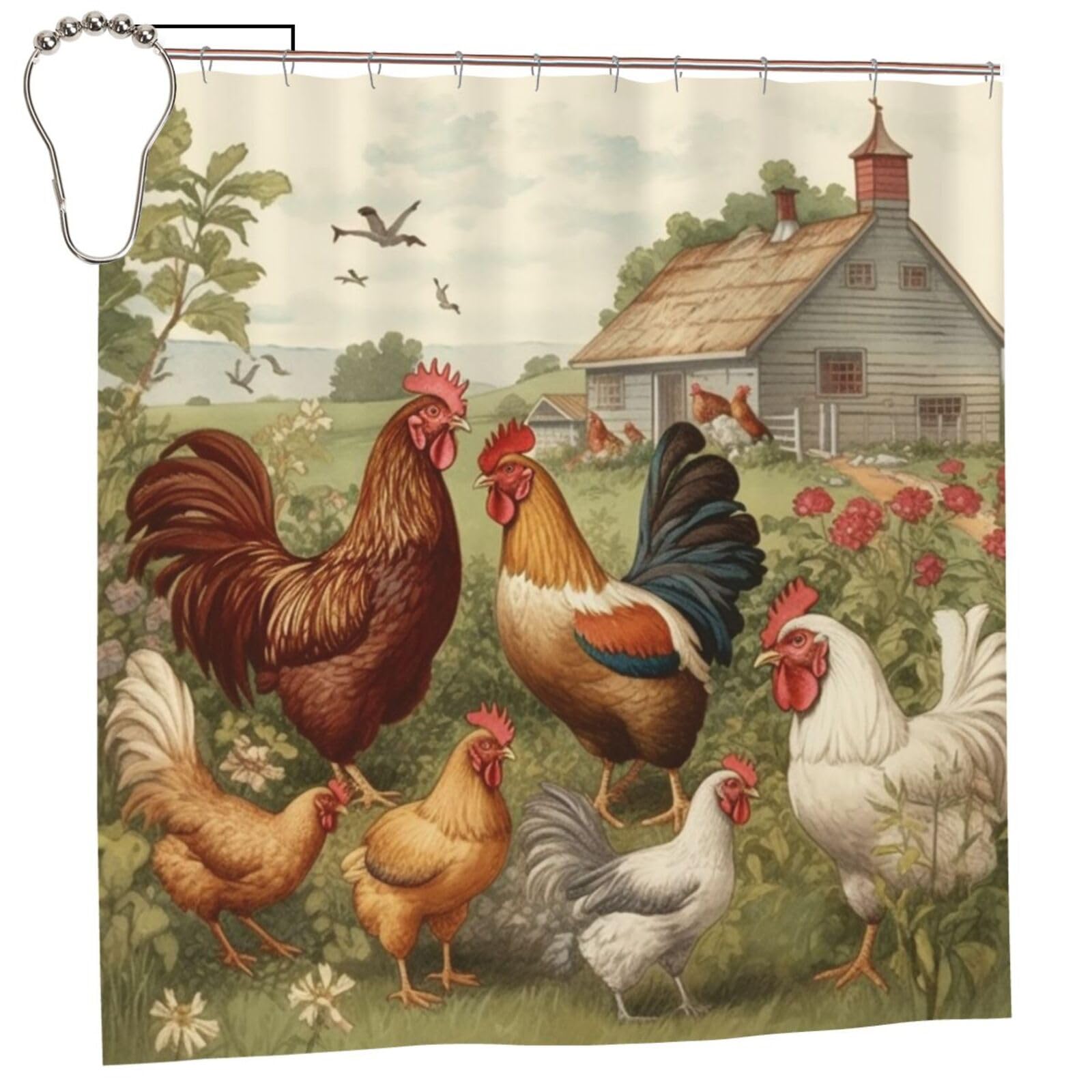 FodPand Chickens and Farm Shower Curtain 70"x70" Waterproof Long Bathroom Curtain Heavy Duty Thick Cloth Bath Curtain Set with Hooks, Modern Abstract Art Pattern Bathroom Shower Curtains