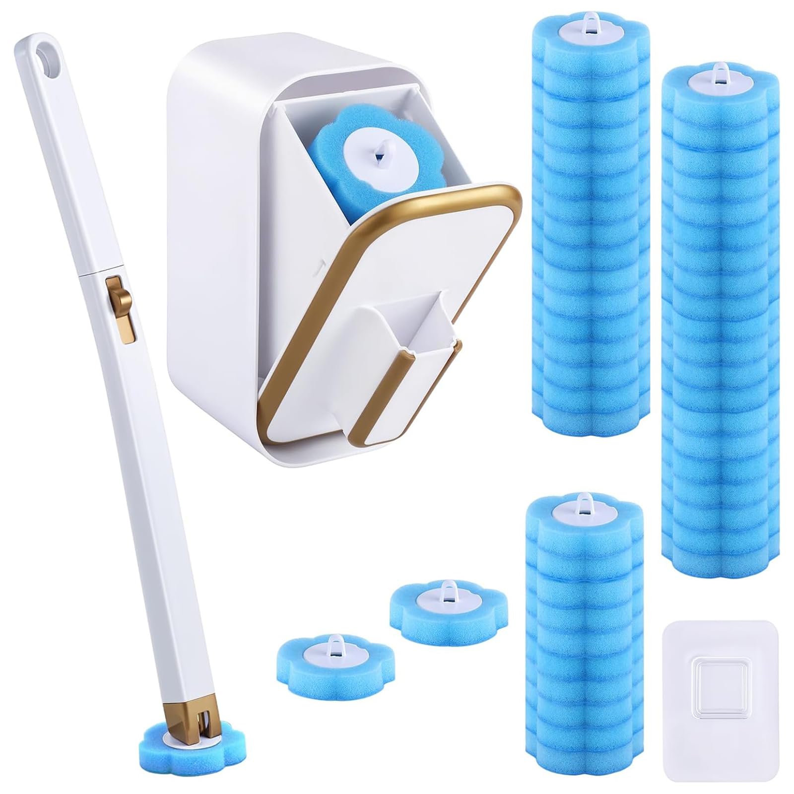 Disposable Toilet Brush, Toilet Wand Starter Kit with 48 Refill Heads, Wall Mounted Toilet Bowl Cleaner Brush with Holder & Storage Caddy, Long Handle Scrubbing Wand for Hygienic Bathroom Deep Cleanin
