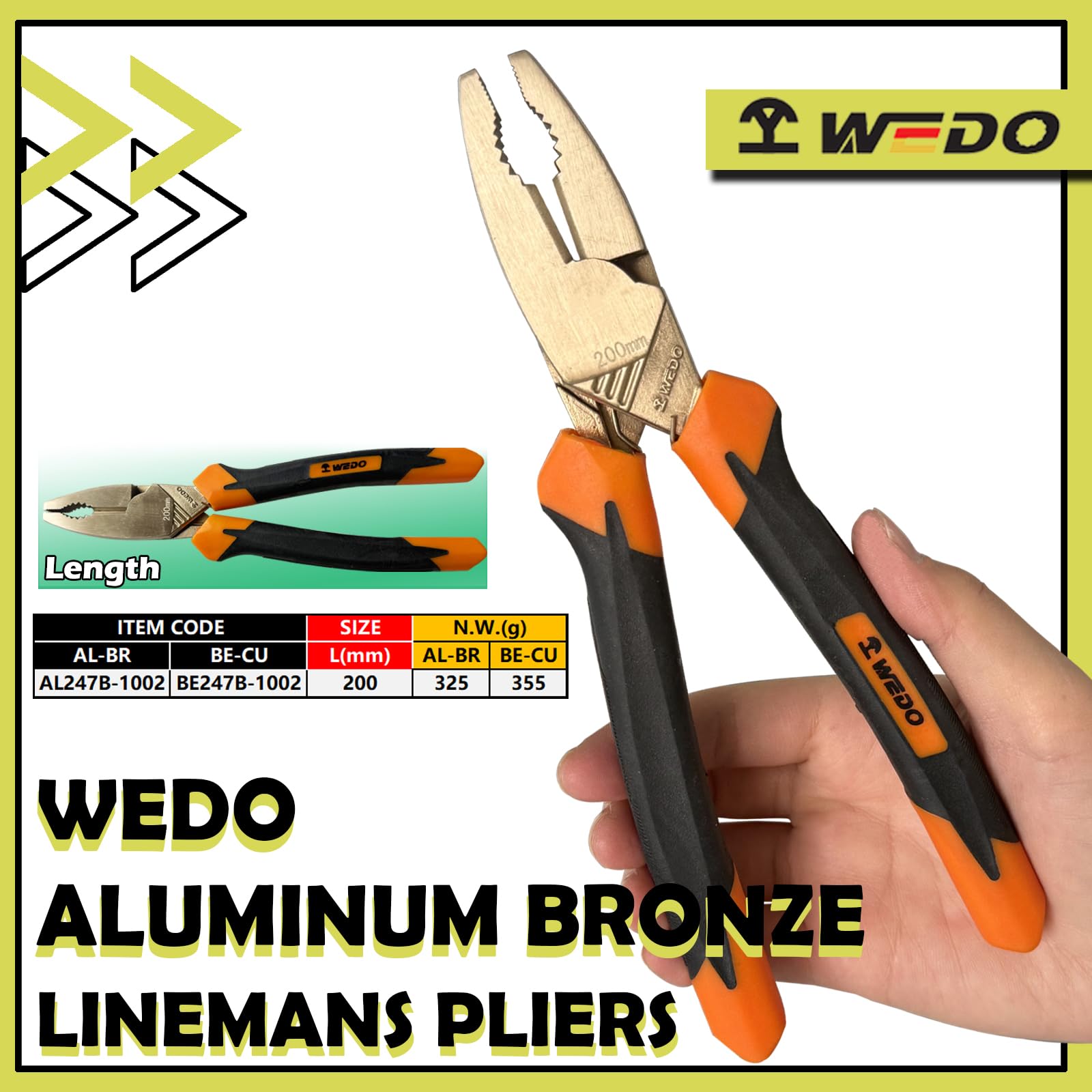 WEDO Lineman's szczypce, obcinacz boczny, kombinerki, szczypce do ściągania drutu, długość 200 mm, brąz aluminiowy, nieparkingowe, certyfikat BAM i FM