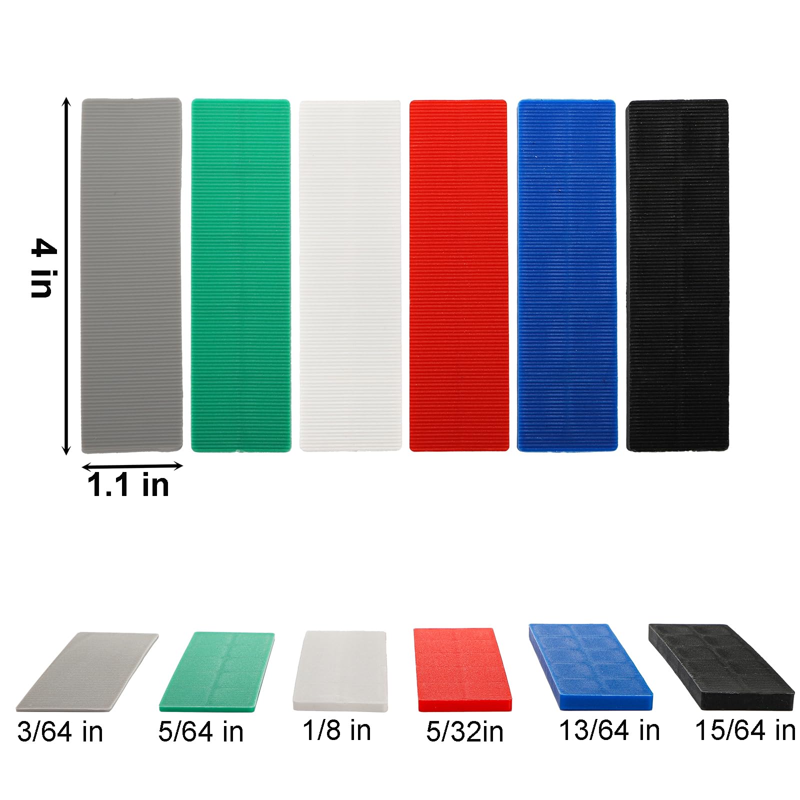 Okllen Lot de 300 cales plates en plastique pour nivellement, 6 tailles de cales composites pour carrelage structurel, 3/64, 5/64, 1/8, 5/32, 13/64, 15/64", gris, vert, blanc, rouge, bleu, noir