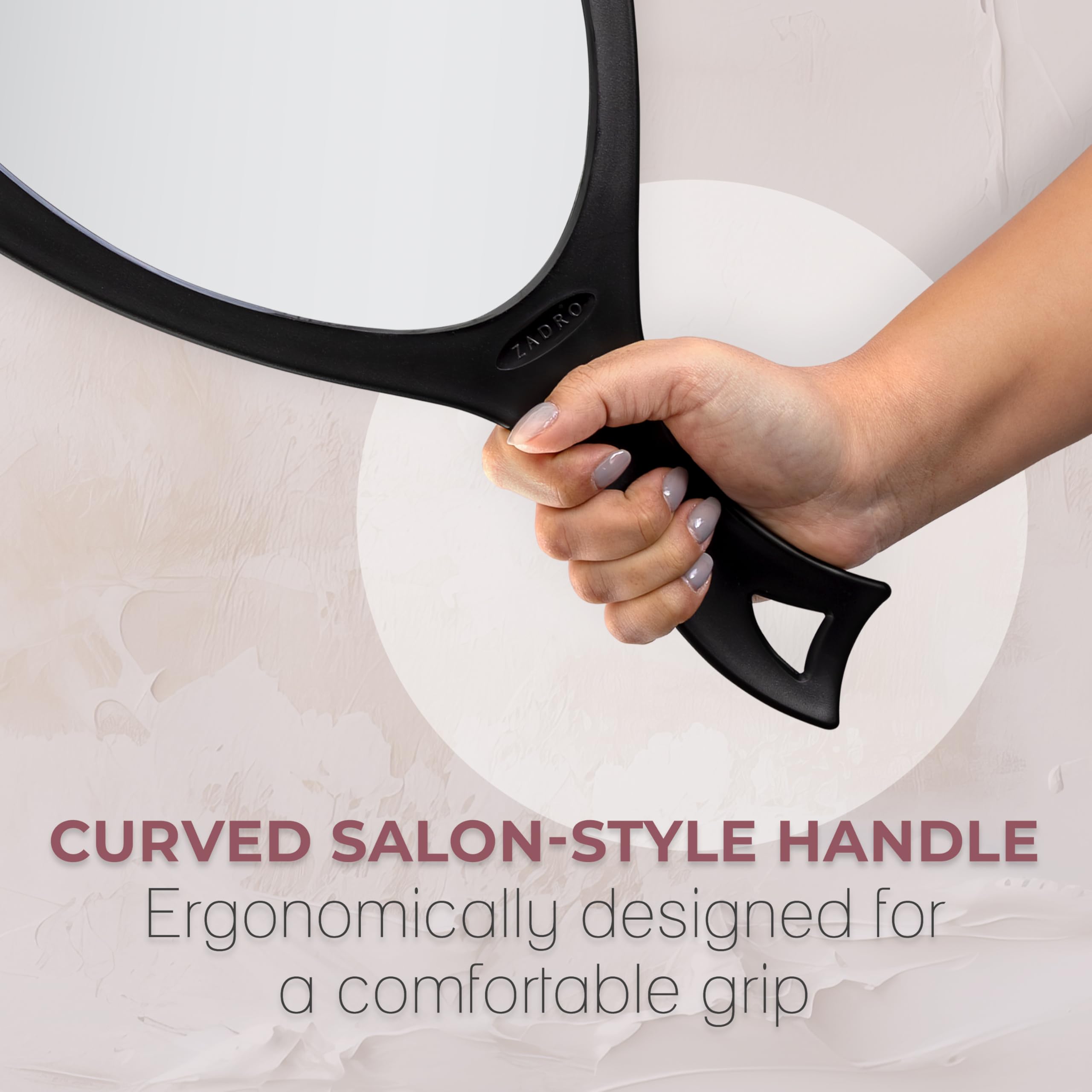 Zadro Salon Professional - Espejo de mano extragrande con asa, 10 pulgadas de ancho x 19 pulgadas de largo, espejo de mano ovalado multiusos con nuevo reflejo sin distorsión (1, negro, grande (paquete