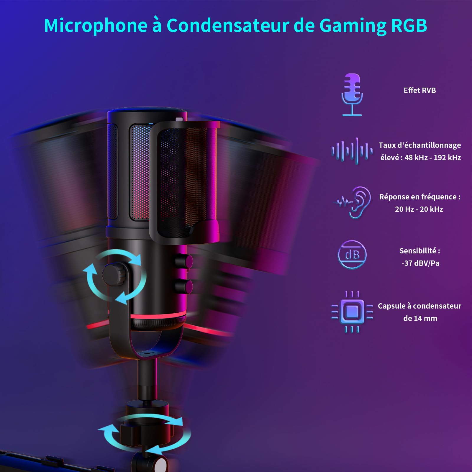 K KASONIC Microphone RGB pour Gaming avec Bras de Perche, Microphone Condensateur de Home Studio pour PC, Micro USB 24 Bits 192 kHz pour Enregistrement de Podcast, Kit de Microphone pour Streaming