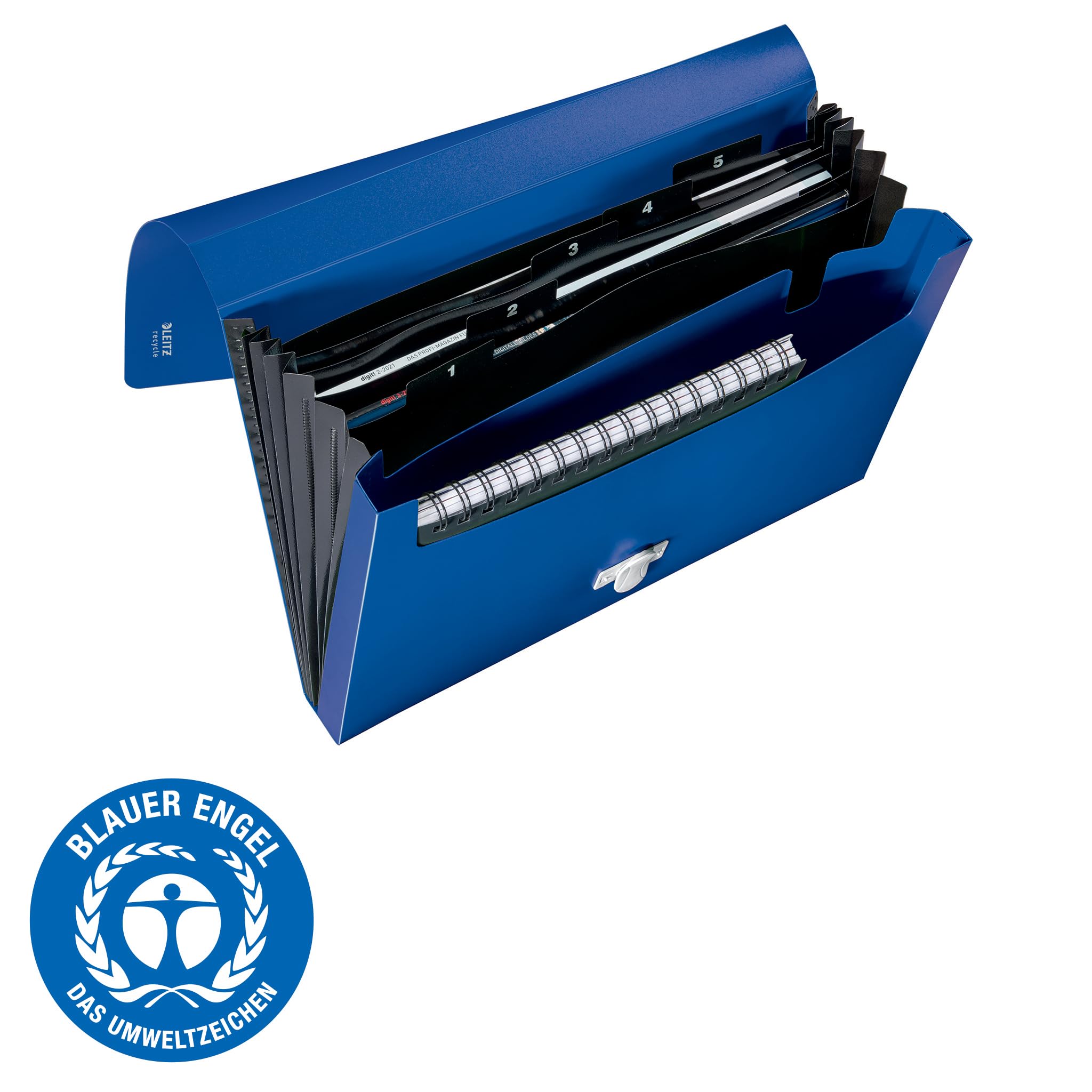 Leitz Cartella Espandibile in PP Riciclato all'80% e Riciclabile al 100% con Capacità 250 Fogli A4, Permette una Suddivisione dalla A alla Z, Gamma Recycle, 240 mm x 41 mm x 330 mm - Blu