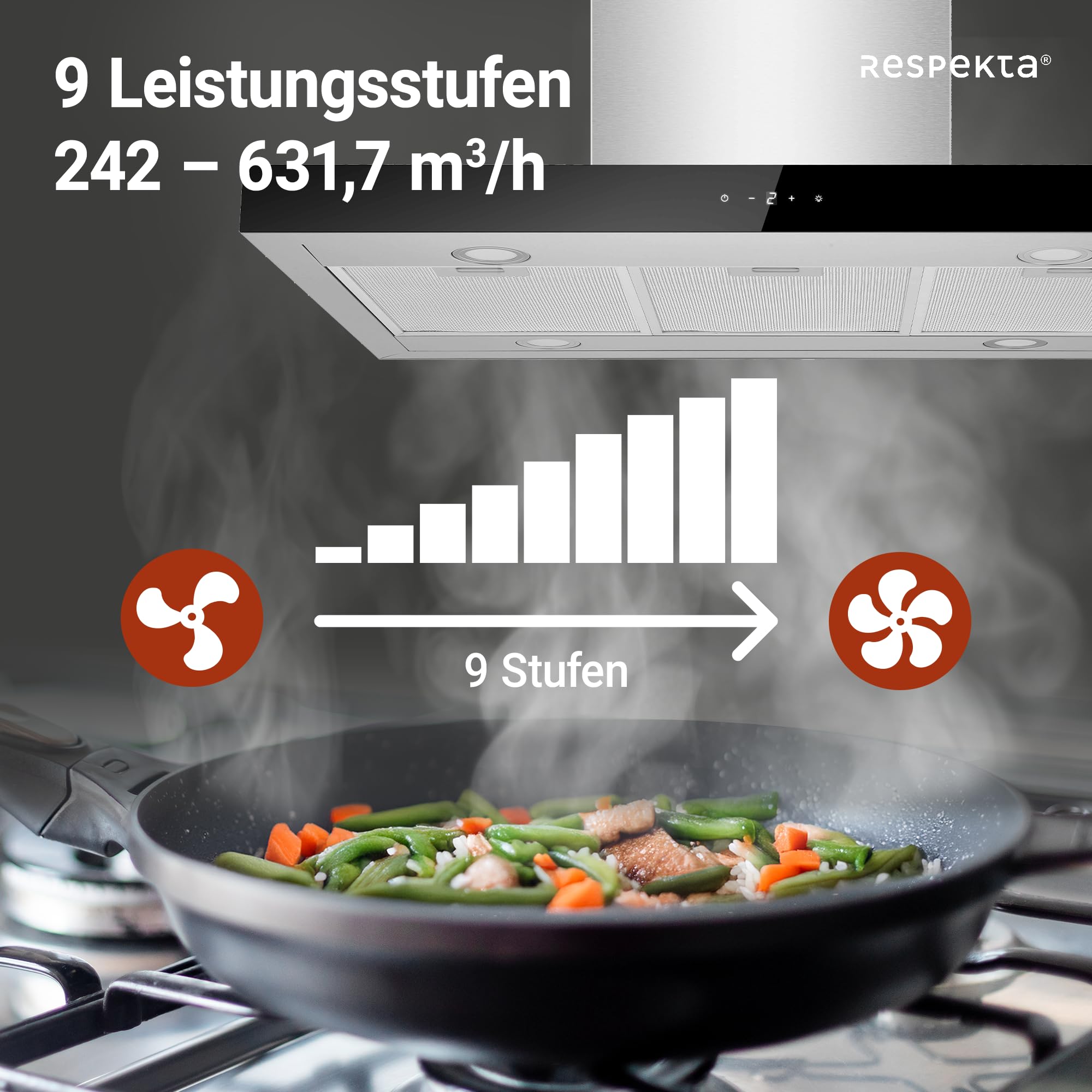 Respekta Dunstabzugshaube CH44199IX-21 / Inselhaube aus Edelstahl mit Glasfront, 90 cm/Luftstrom max. 631,7 m³/h/Abluft- und Umluftbetrieb/Energieeffizienzklasse A+++ / 42 – 63 dB