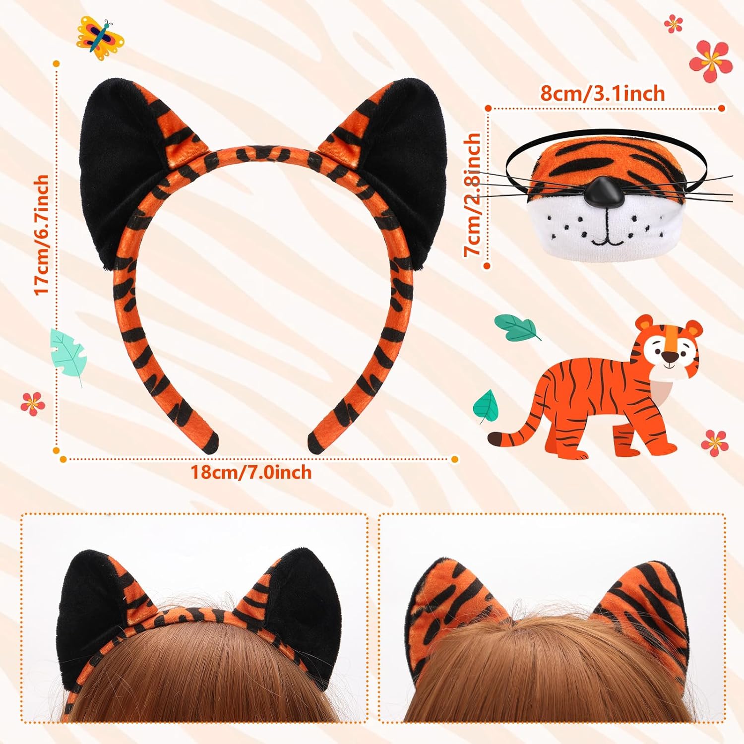 XEPST Animal Tiger Costume Set, Tiger Ears and Tail Set with Ears Headband Tail Nose Bowtie for Animal Costume Cosplay Birthday Party Halloween Fancy Dress Party Supplies, B - Image 3