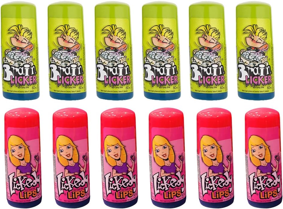 VR Angel 6 x Blue Raspberry Brain Licker & 6 x Sour Candy Lickedy Lips Retro Slushy Sweets Liquid Candy Roller Bottle (Each Bottle 60ml)