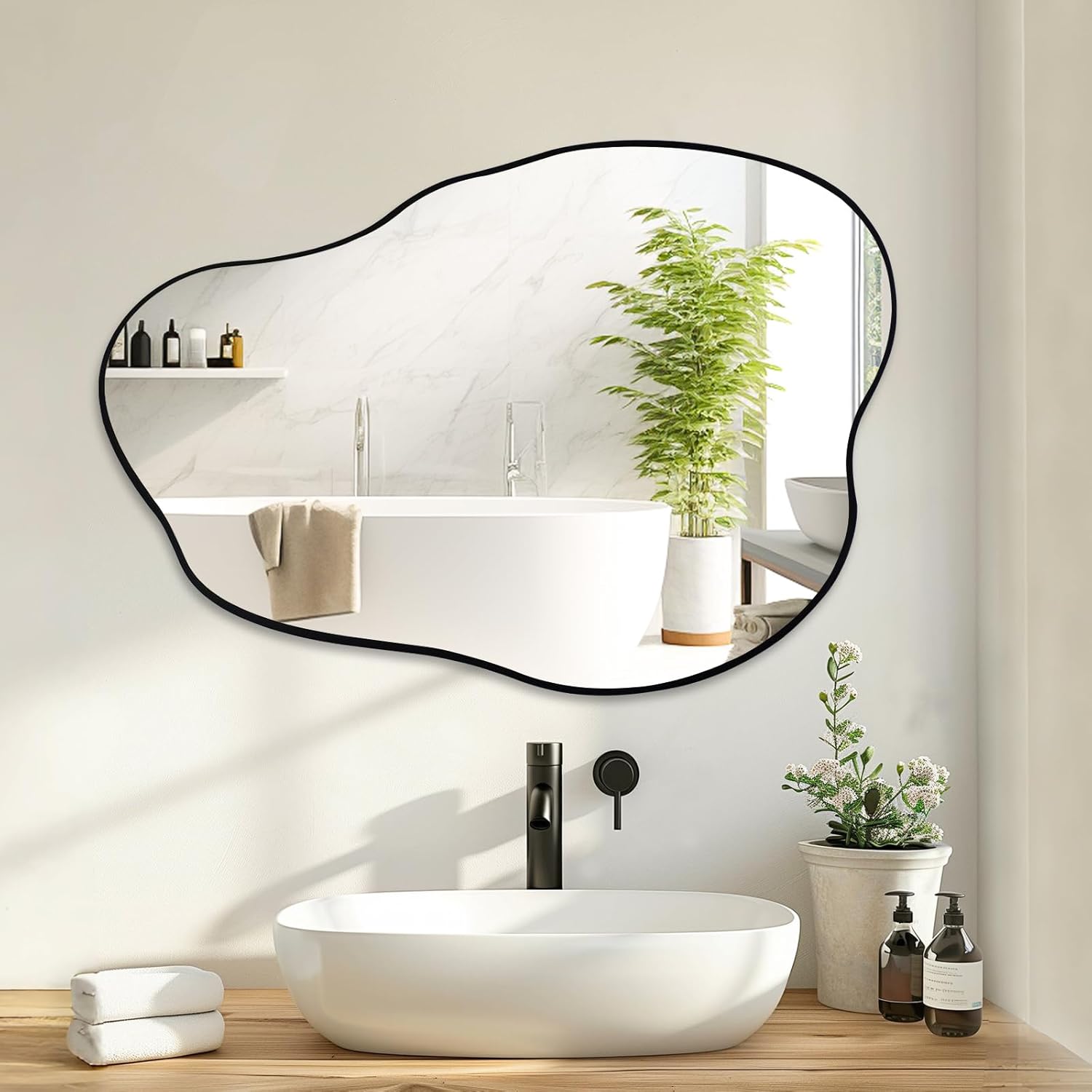 Photo 1 of  Irregular Wall Mirror, 30"x21" Black Asymmetrical Mirror, Unique Shaped Modern Cloud Mirror for Bathroom, Living Room, Bedroom, Entryway 