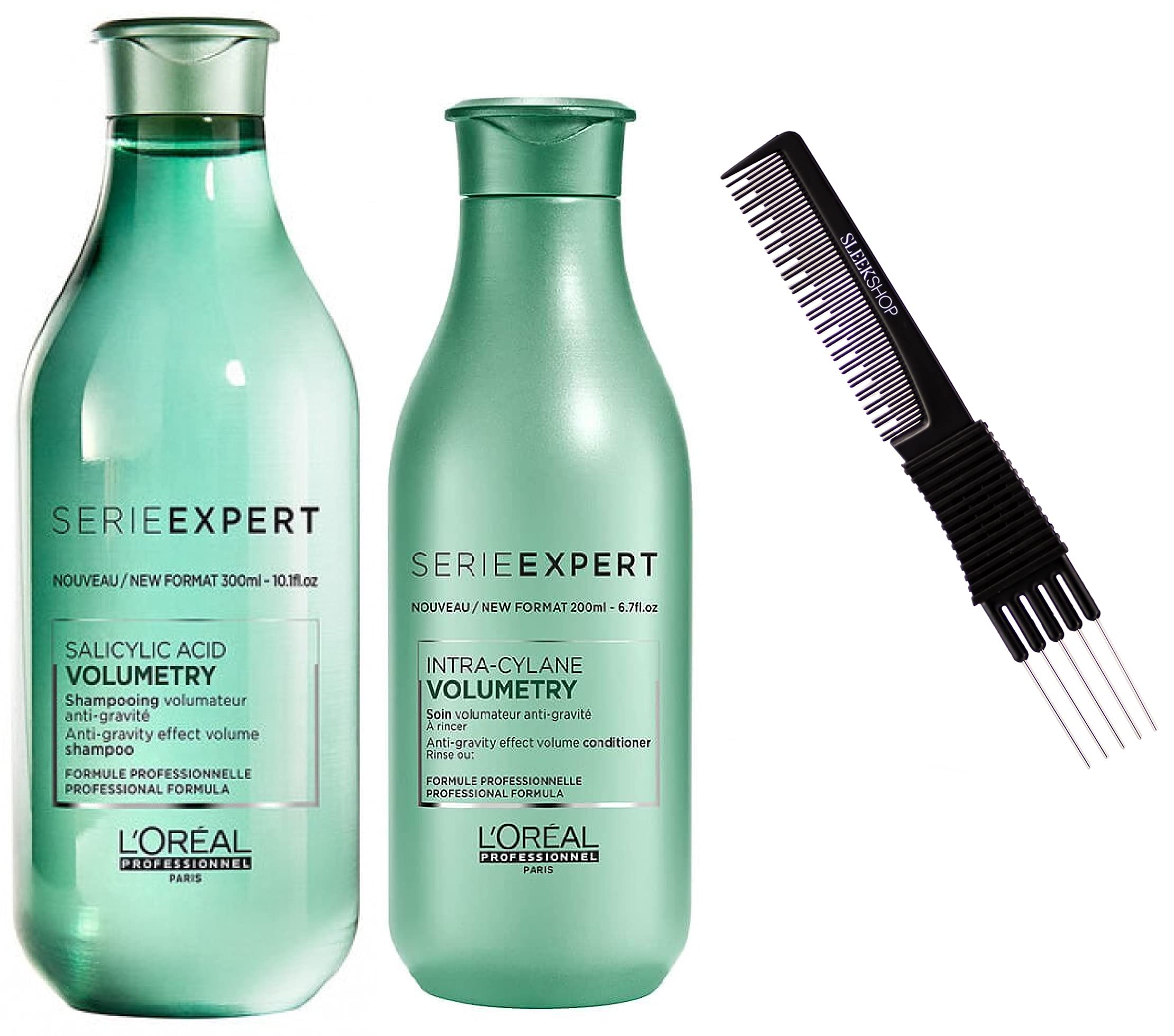 Expert I'oreaI SERIE EXPERT Salicylic Acid VOLUMETRY Anti-Gravity Volume Hair Shampoo & Intra-Cylane Conditioner DUO SET (w Sleek Teasing Comb) (VOLUMETRY VOLUME - 10.1 oz + 6.7 oz)