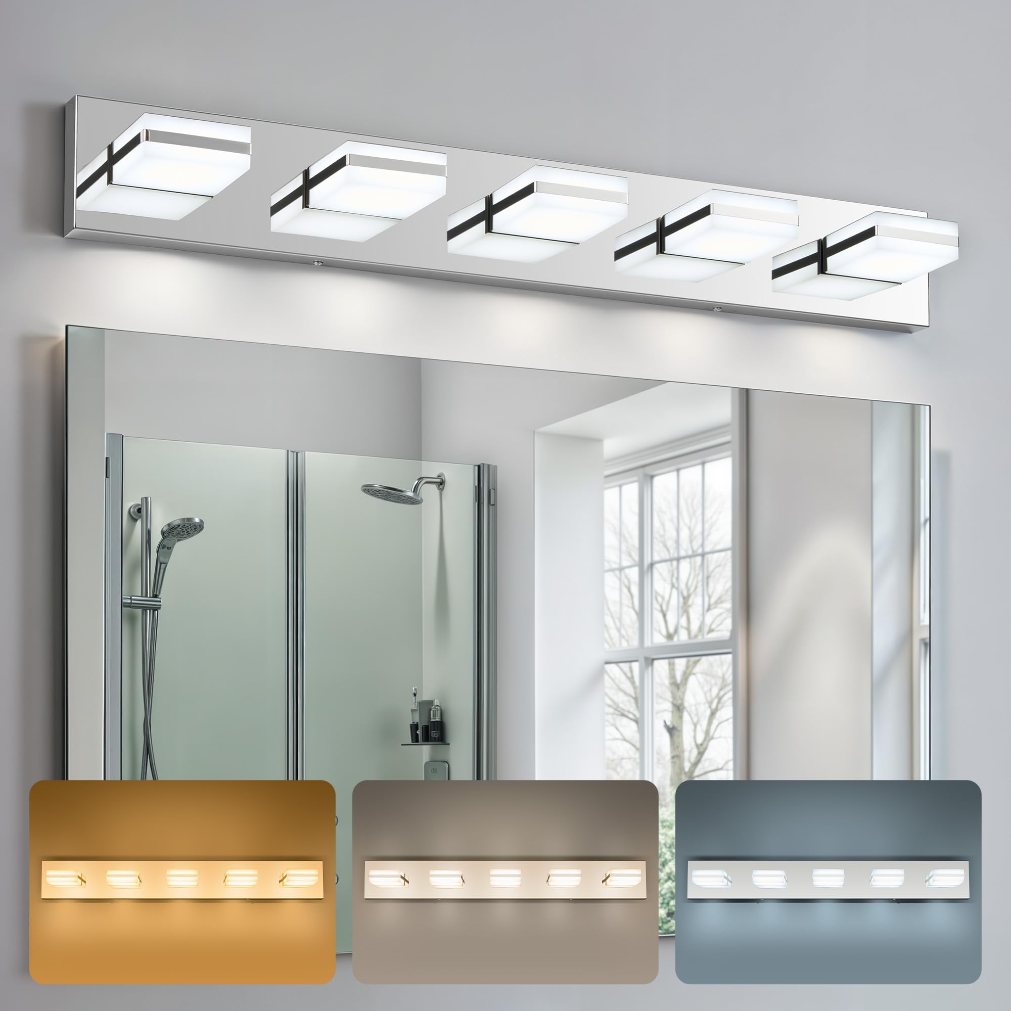 VONLUCE LED Bathroom Light Fixture, 5-Light Modern Vanity Light, Chrome