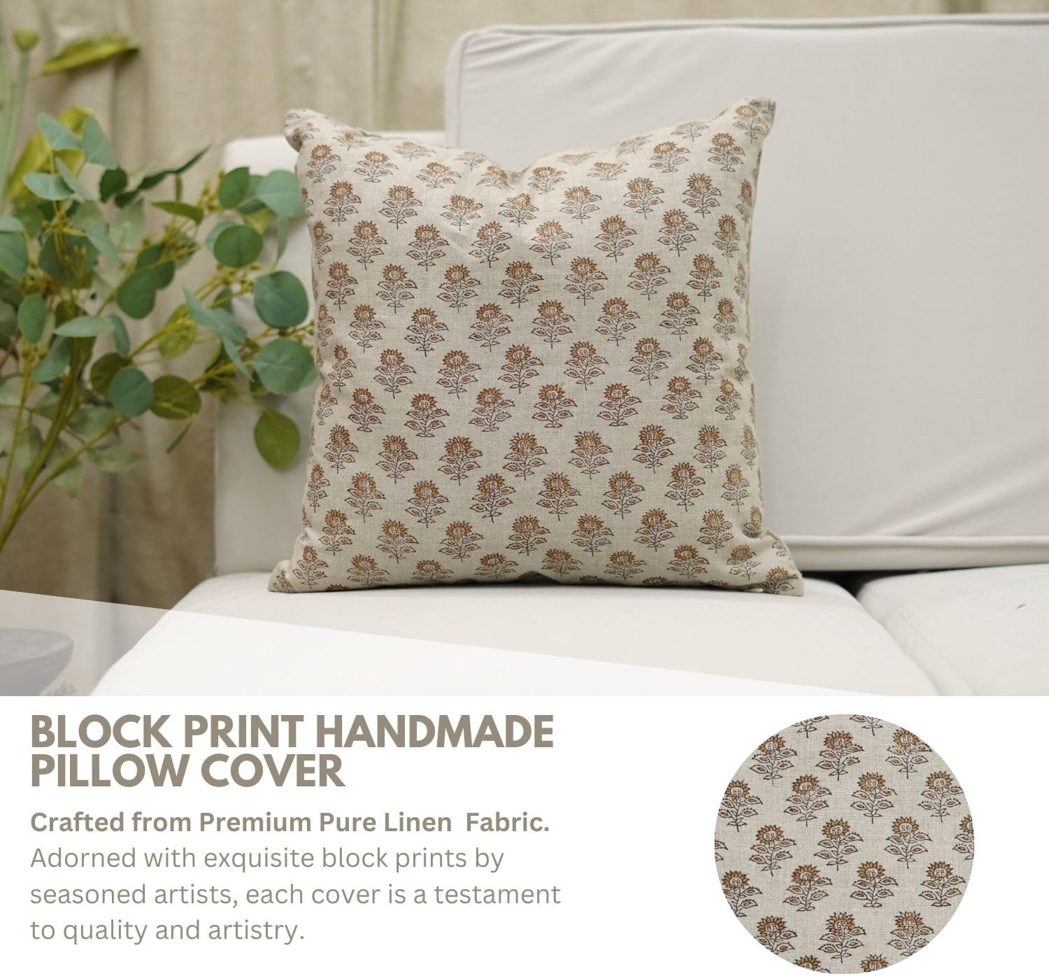 Pure Linen Handmade Unique Mustard Block Floral Print 14x14 Inch Design Pillow Cover Décor for Bedroom, Living Room, Sofa & Couch-Bagru Buti