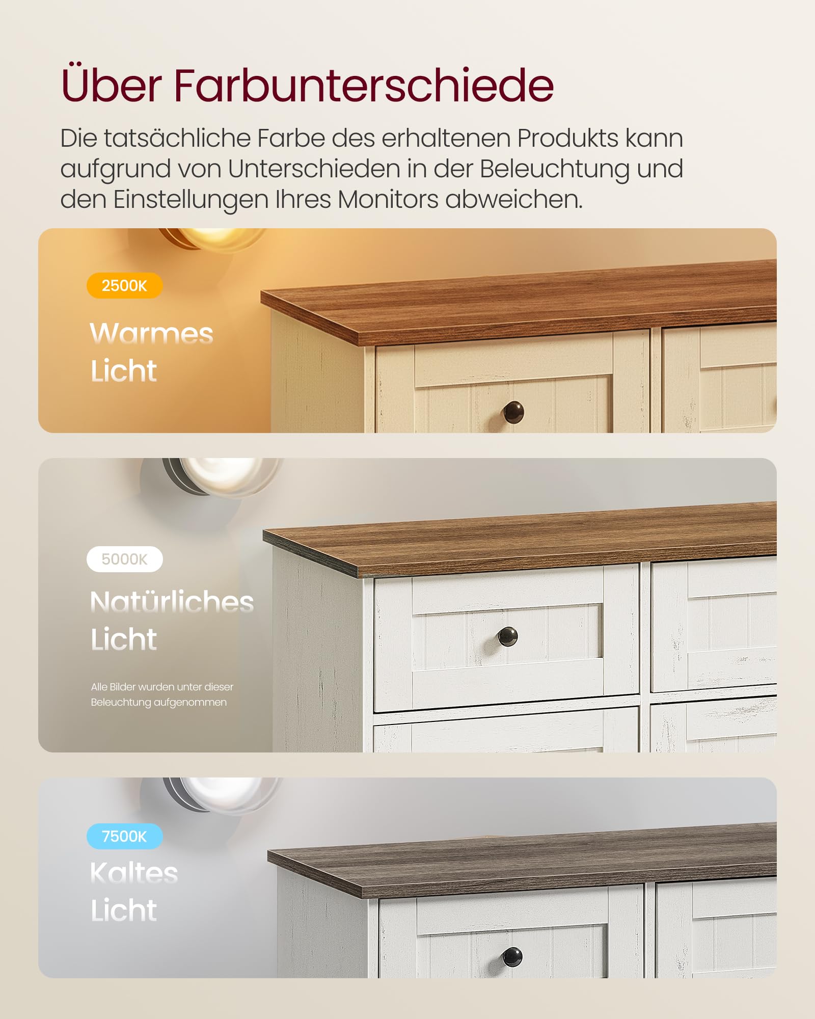 SONGMICS Home Sideboard, superschnelle werkzeuglose Montage, Toolless-Technologie, Küchenschrank mit Arbeitsplatte, Buffetschrank, verstellbare Ablagen, vintageweiß-honigbraun BBK376WJ02