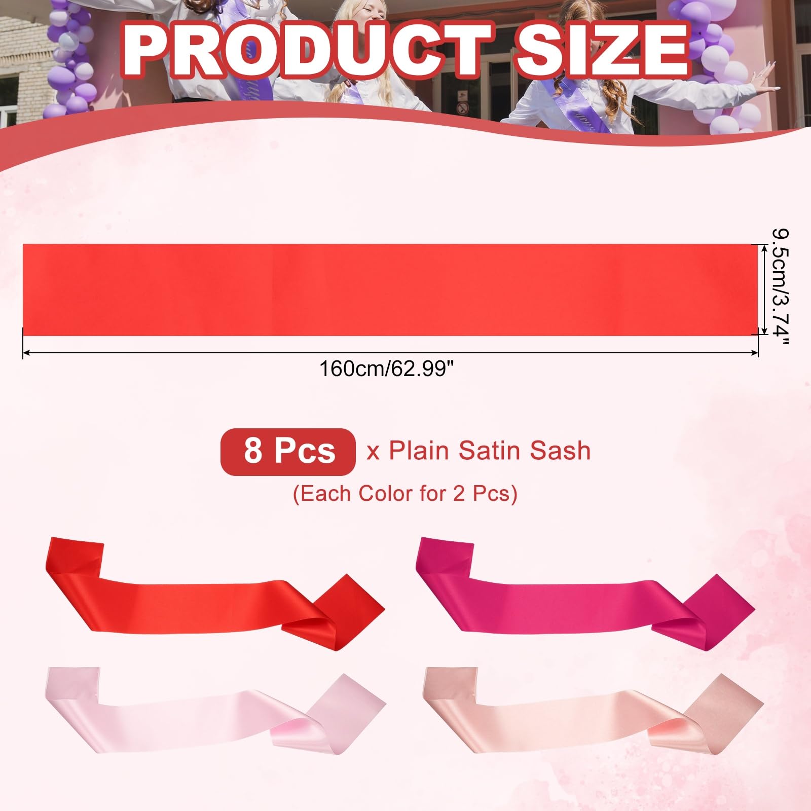 YELARXI Satin Sash, Blank Sash Pageant Ribbon Party 8 Pack & Pink/Rose Gold/Rose Red/Red - Image 2
