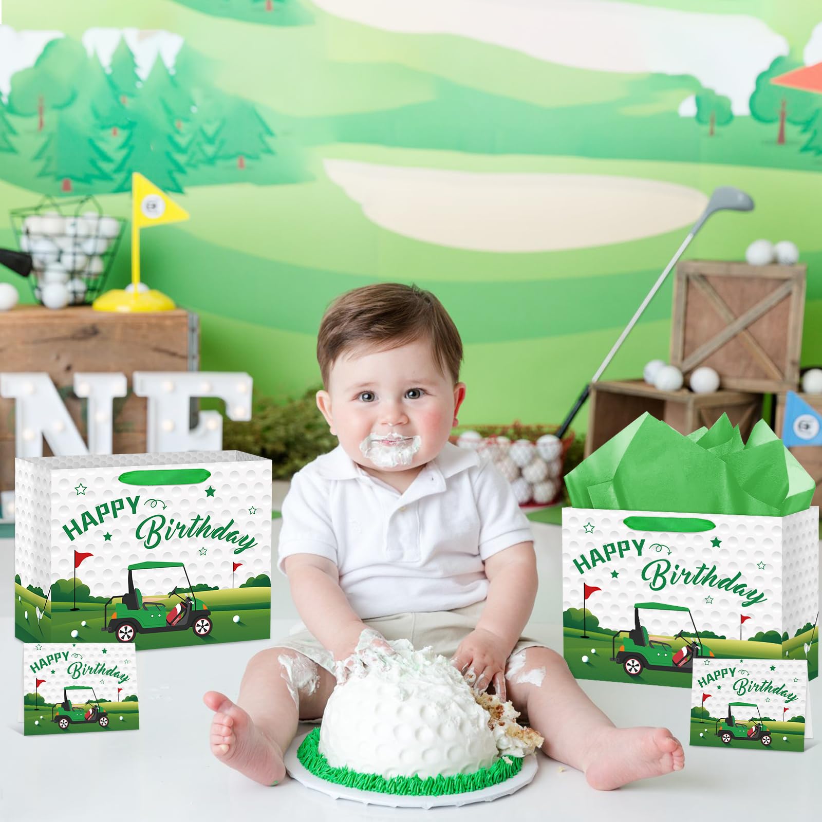 Hooqict Large Golf Gift Bag Golf Themed Birthday Party Gift Wrapping Bag with Handles, Tissue Paper, Greeting Cards for Kids Boys Men Goodie Candy Treat Party Favors