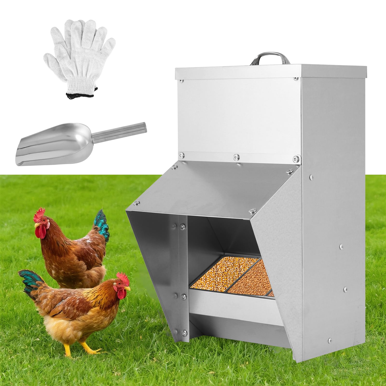 BAOSHISHAN Comedero automático para pollos, comedero de aves de corral montado en la pared con tapa, sin residuos, comedero al aire libre para pollos, pájaros, patos, gansos (10 kg)