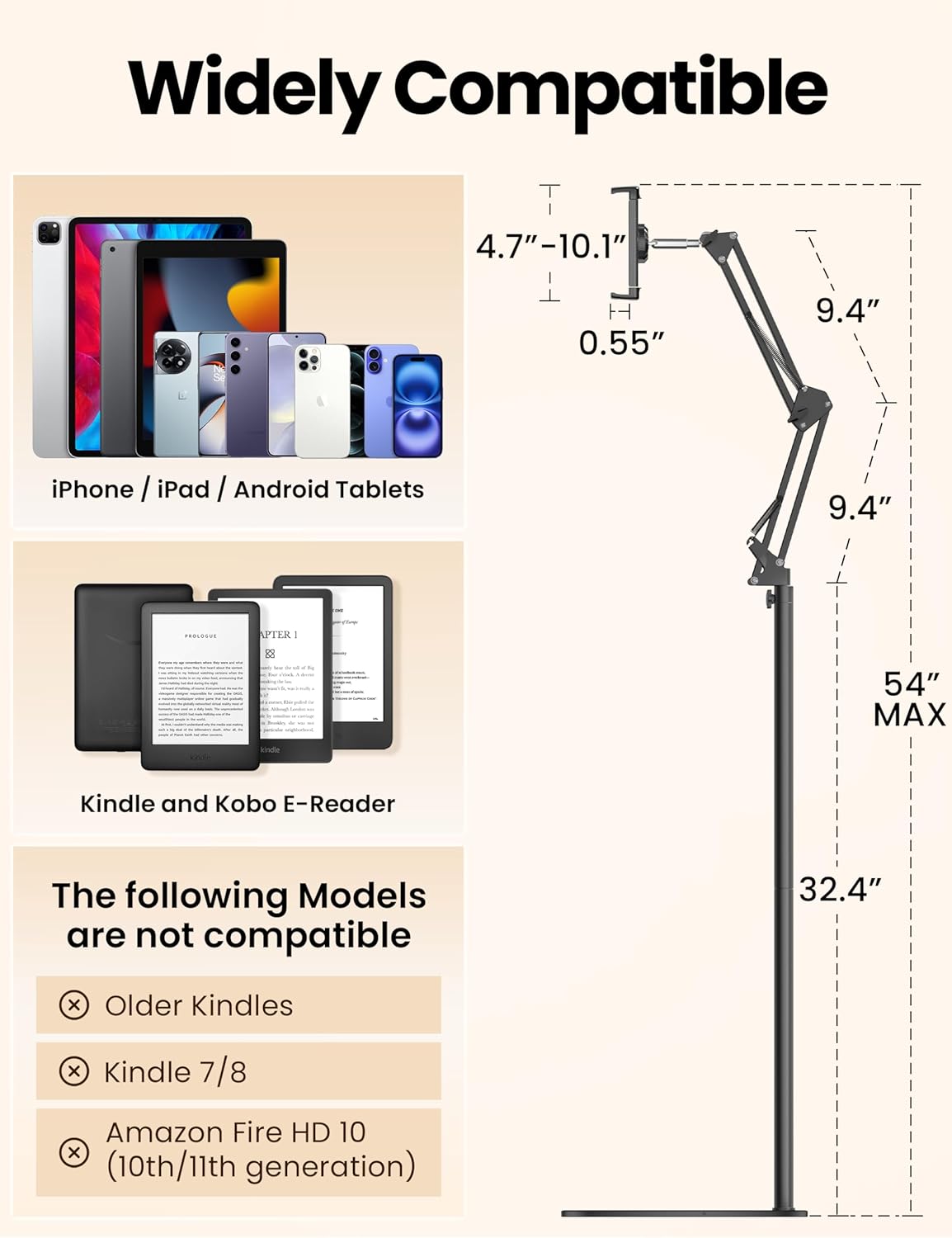 Floor Stand Kindle Holder with Remote Page Turner for Reading in Bed, Adjustable Tablet Mount with Clicker, Kindle Accessories Clicker Tablet Holder for Kindles Tablets iPhones 4.7-12.9 inch(Black)