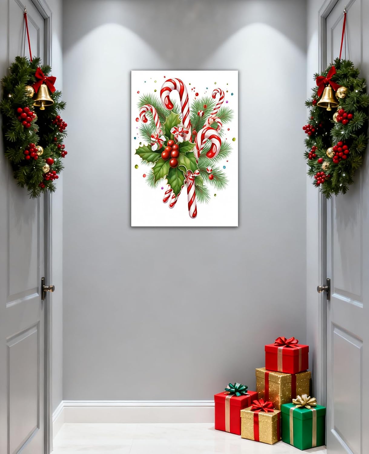 GLOKAKA Christmas Candy Cane Canvas Wall Art Festive Candy Cane with Holly Berries Pictures Print Red White Painting Xmas Artwork for Kitchen Living Room(SNOW-1,12"x18")
