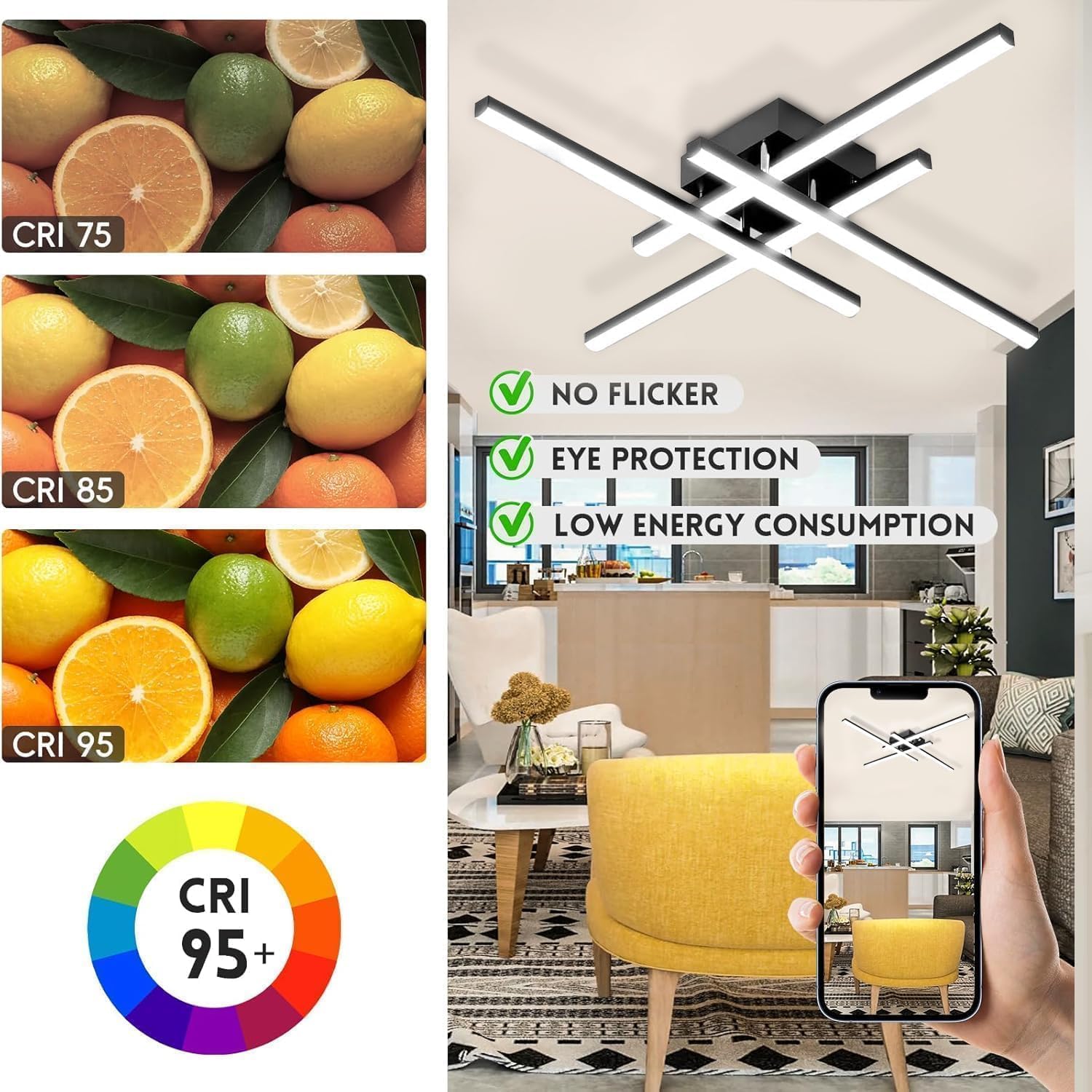 Modern LED Ceiling Light Fixture, 27.5Inch Flush Mount Ceiling Light for Bedroom ‎Kitchen Living Room Bathroom Garage Farmhouse Dining Hallway Black 6500k Cold Light