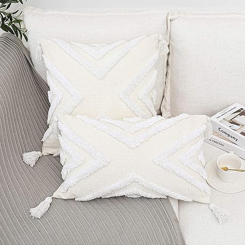Miniatura 2 de PLWORLD Funda de cojín lumbar bohemia blanca de 12 x 20 pulgadas con borlas, tela de felpilla geométrica copetuda color crema, funda de cojín