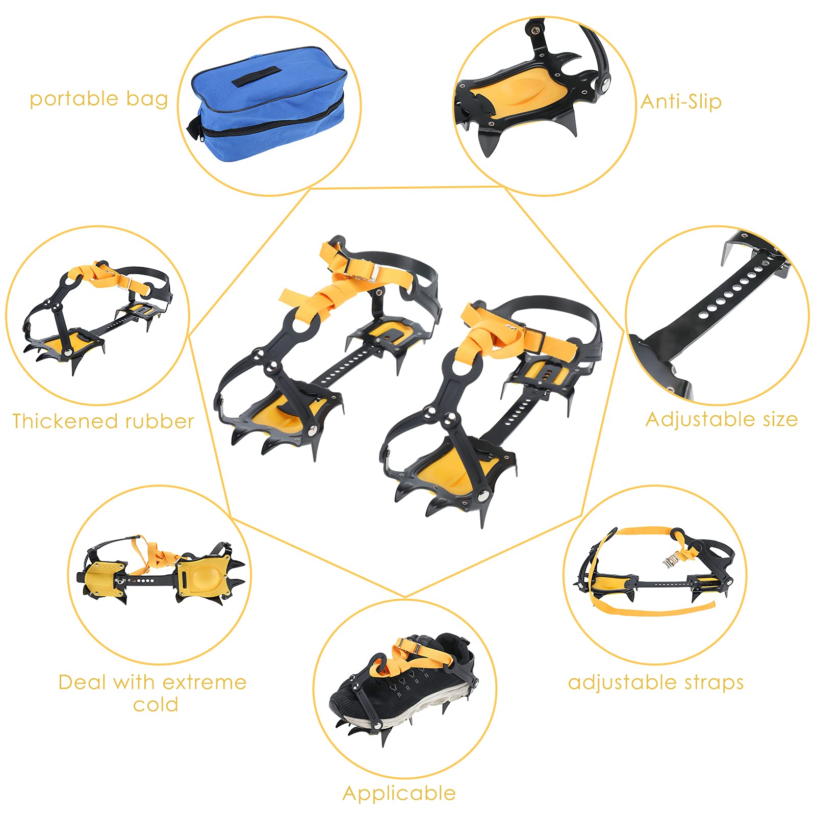 Amarine Made Crampons à glace antidérapants pour homme et femme, 10 dents en acier inoxydable, crampons de traction pour randonnée, escalade, pêche, jogging