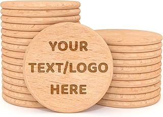 30-1000 Personalized Custom Wooden Tokens, Laser Engraved Logo/Text/Image on 1.5 Inch Drink Tokens, for Bar Promotions, Weddings, Parties, Corporate Events, Gifts