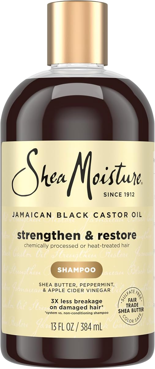 Champú fortalecedor y restaurador de humedad de karité para cabello dañado 100% puro aceite de ricino negro jamaicano limpia y nutre 13 oz | Para cabello dañado: elimine la acumulación, fortalezca y restaure el cabello con manteca de karité, menta y vinagre de sidra de manzana.