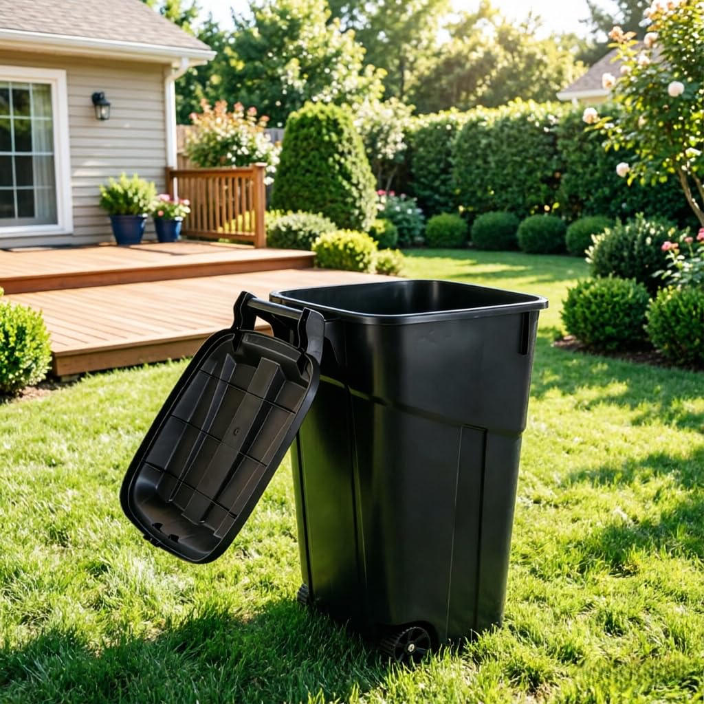 45 Gallon Heavy Duty Wheeled Outdoor Trash Can, Rubbish Bin with Attached Lid, with Easy-Grip Handle, Garbage Can for Terrace, Garage, Garden, Kitchen, Living Room Indoor and Outdoor Scenes