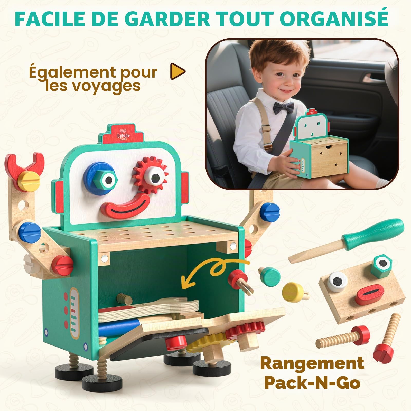 Lehoo Castle Caisse a Outil Enfant Jouet en Bois Jouet 3 4 5 Ans Fille Garcon, 29 Pièces Boite a Outils Établi Enfant, Jeu de Construction Jeux Educatif 3 Ans+