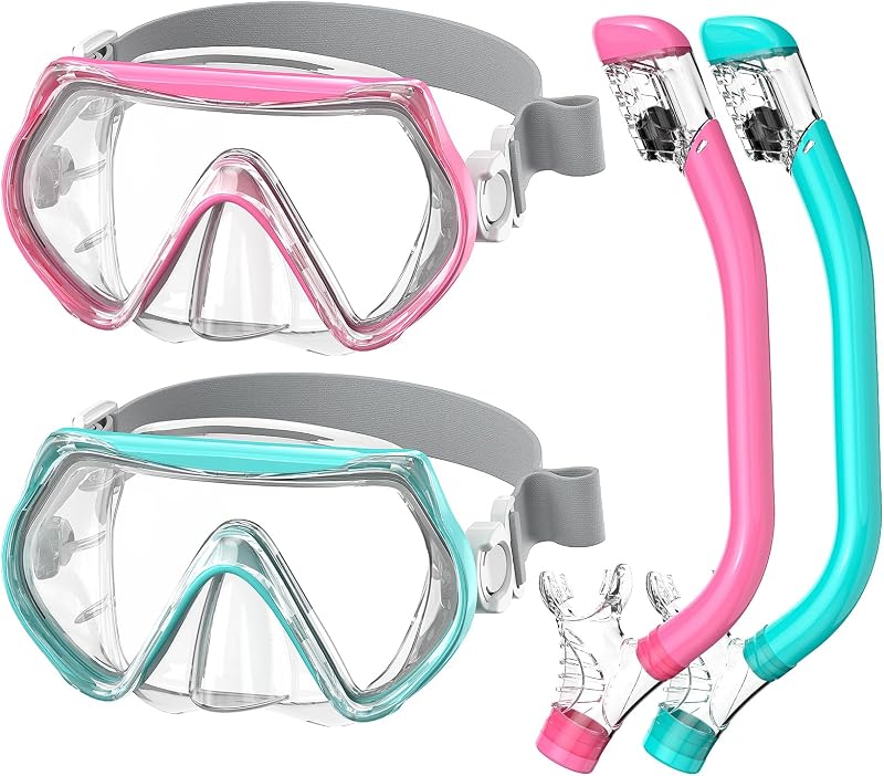 Equipo de snorkel para niños, juego de snorkel para niños de 6 a 14 años, snorkel con tapa seca, juego de máscara, lentes de natación para niños, juego combinado de máscara de buceo, antivaho, vista panorámica, paquetes de buceo
