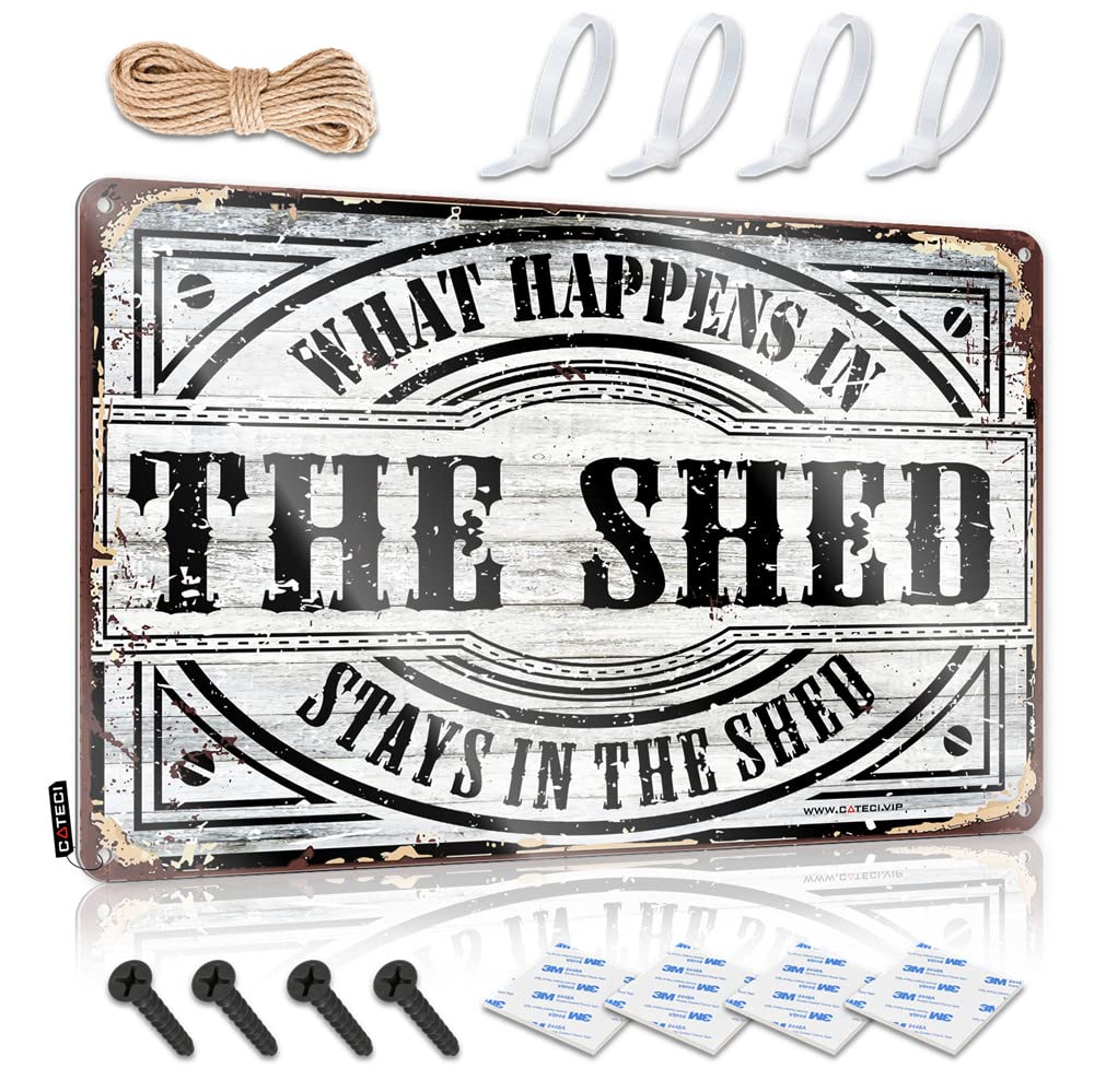 HELIOFORGE Man Cave Accessories And Decor What Happens In The Shed Stays In The Sign Dorm Room Door Sign Funny Garage Bar Signs(30X40CM)