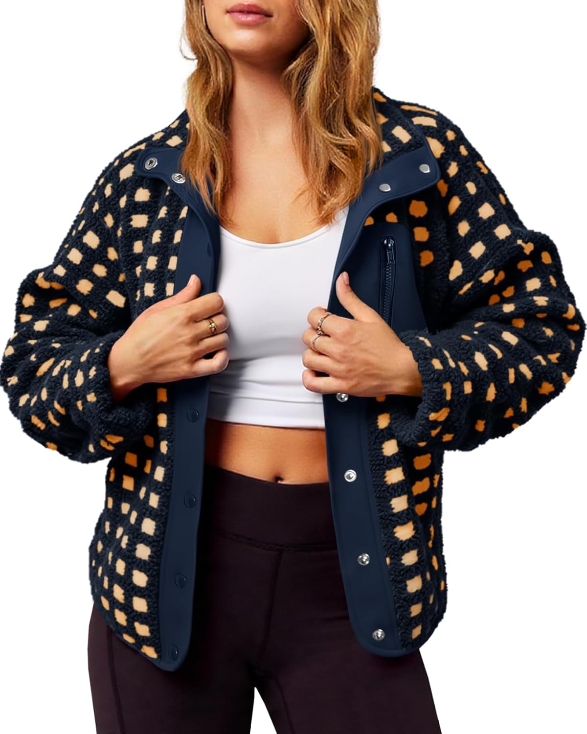 Tankaneo Womens Fleece Sherpa Jacket Fuzzy Checkered Button Down Stand Collar Jacket Winter Warm Outerwear