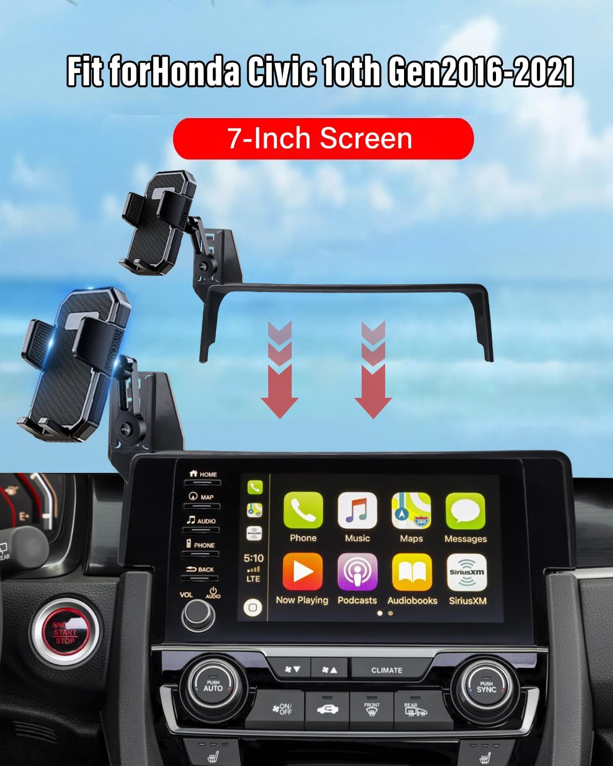 PZK Car Phone Mount for Honda Civic 2016-2021 LX/EX/Touring/Si/EX-L Accessories 10th Gen Car Phone Holder Only for 7-inch Screen Auto Lock Phone Cradles 360° Rotating Extension Rod Not Affect Vent