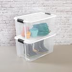 Sterilite 70 Qt Ultra Latch Box, Stackable Storage Bin with Lid, Plastic Container with Heavy Duty Latches to Organize, Clear and White Lid, 4-Pack
