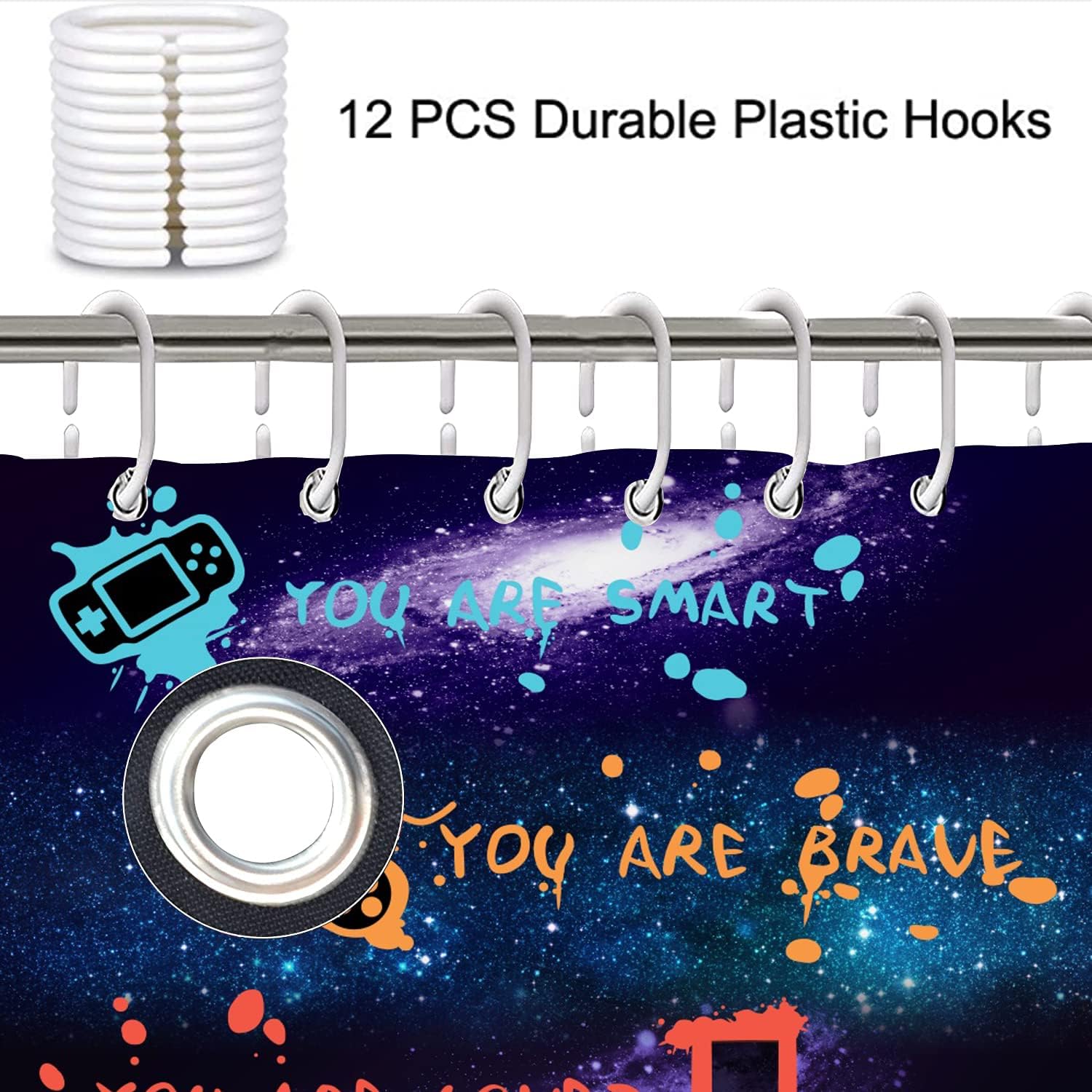 ALEXEX 4 PCS Star Outer Space Kids Shower Curtain Sets,Boys Gaming Bathroom Set with Shower Curtain and Rugs and Accessories,Inspirational Quotes Shower Curtain Bathroom Decor with 12 Hooks,72 X 72 In