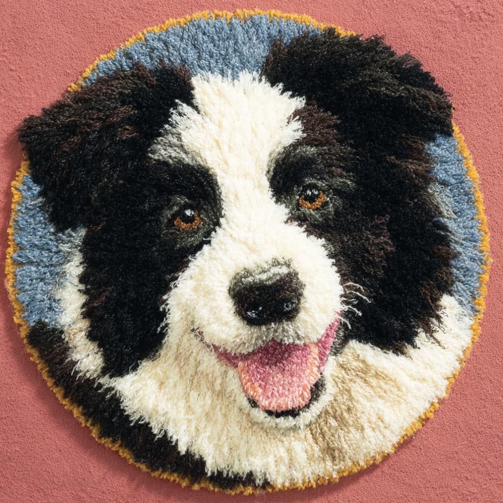 kitphoenix Round Shape Latch Hook Kits Rug Border Collie 50X50Cm DIY Cushion Rug Carpet Making Crochet Hook Kits Pre Printed Pattern Canvas Cushion Acrylic Yarn Hooking Kits Mat Kits