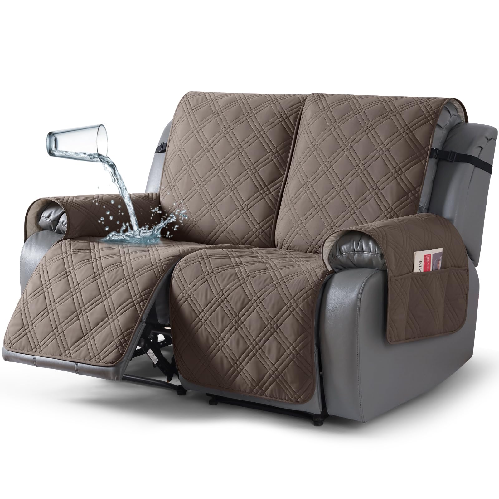 TAOCOCO 100% Waterproof Recliner Loveseat Cover Non Slip Couch Cover for 2 Seat Reclining Sofa, Split Reclining Loveseat Covers 2-Piece with Straps for Kids Pets(2 Seater, Taupe)