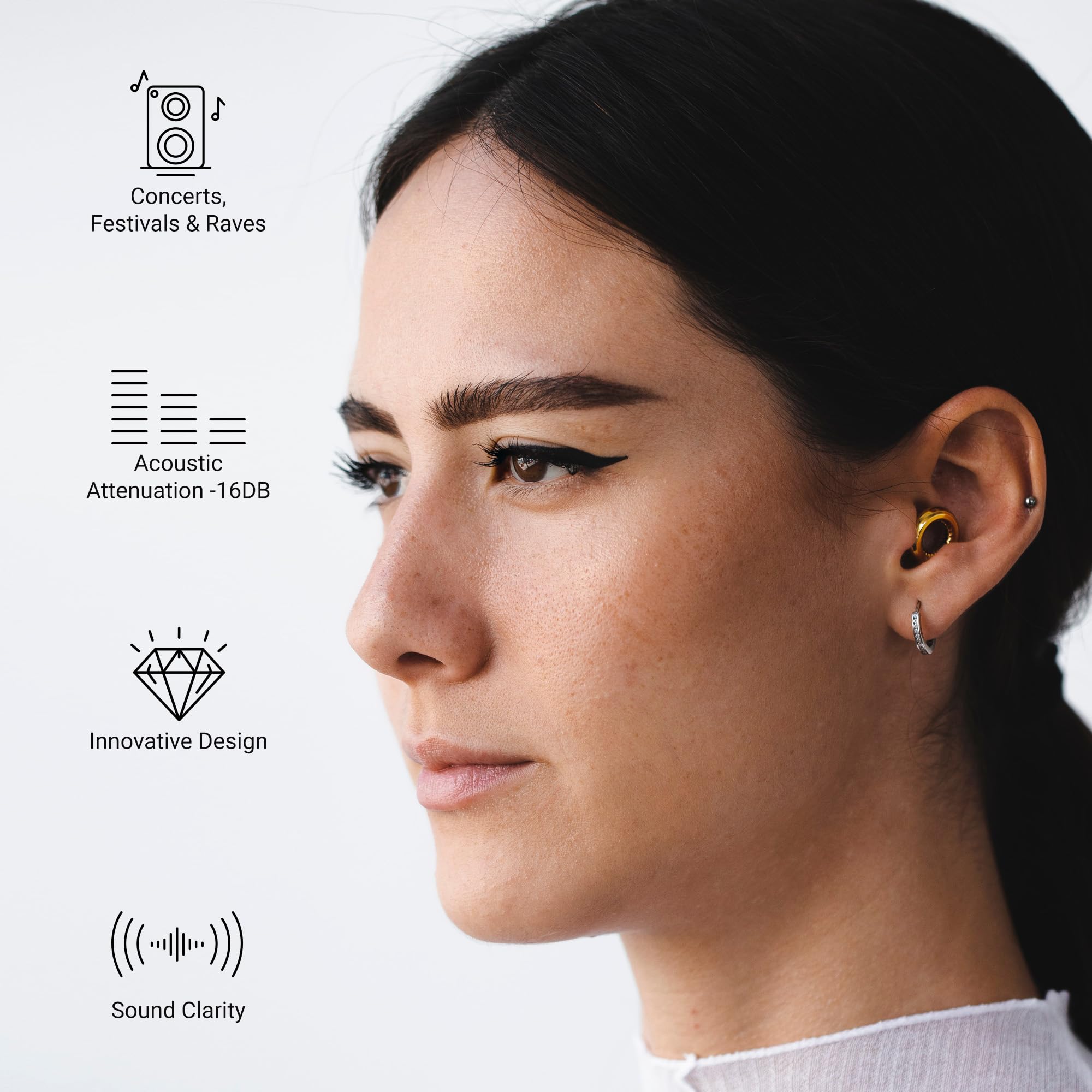 AudioFeel LIVE Radiant Gold - Tapones para los oídos de alta fidelidad para conciertos, fiestas, festivales y entornos ruidosos - 8 almohadillas en XS, S, M, L - Reducción de ruido de 16 dB -