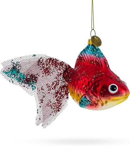 Adorno navideño de cristal soplado con pez dorado con purpurina