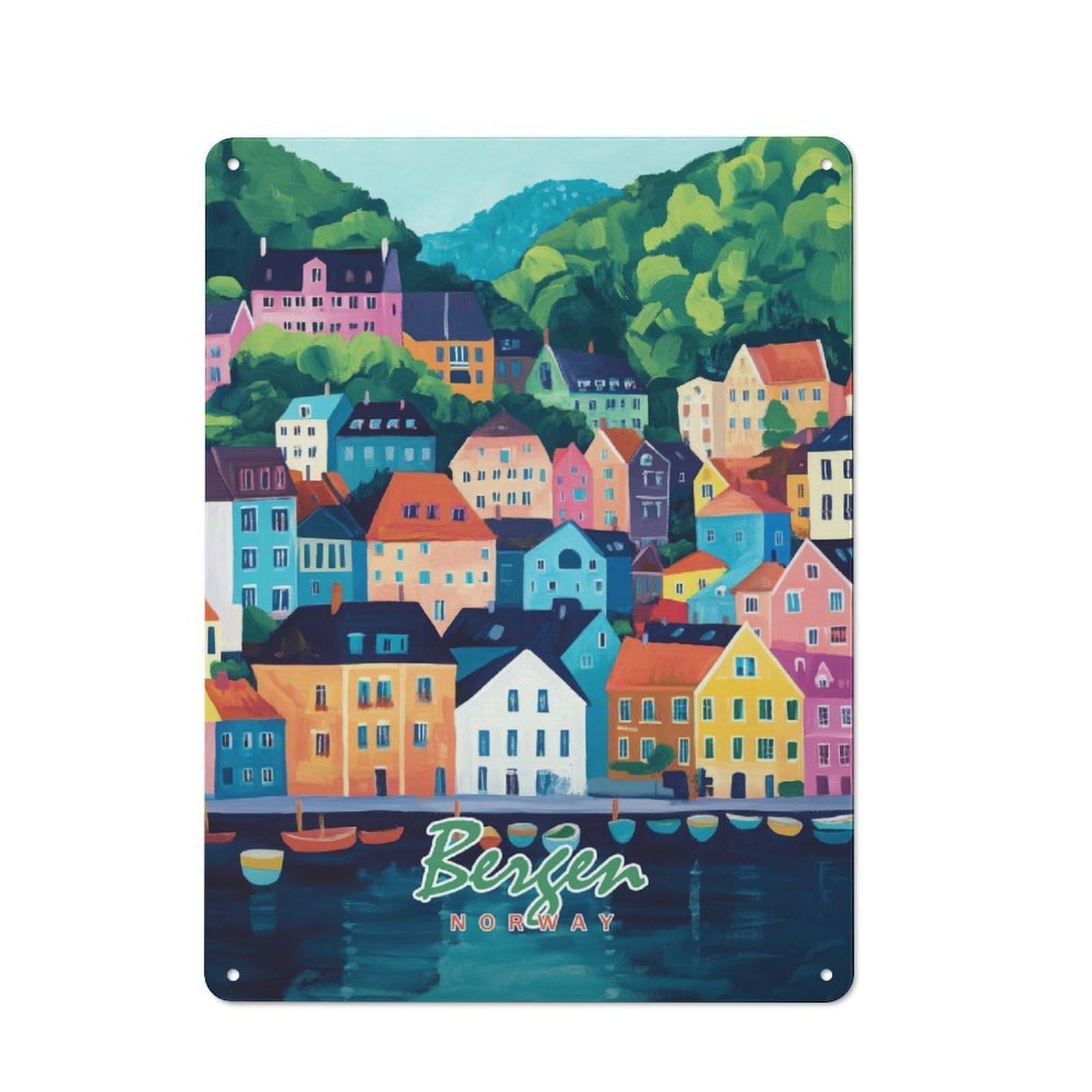 Old Style Bergen, Norway Cityscape(2) Decorative Tin Plaque 40x30cm, Bar Wall Plaque for Bar, Kitchen, Garage Or Games Room