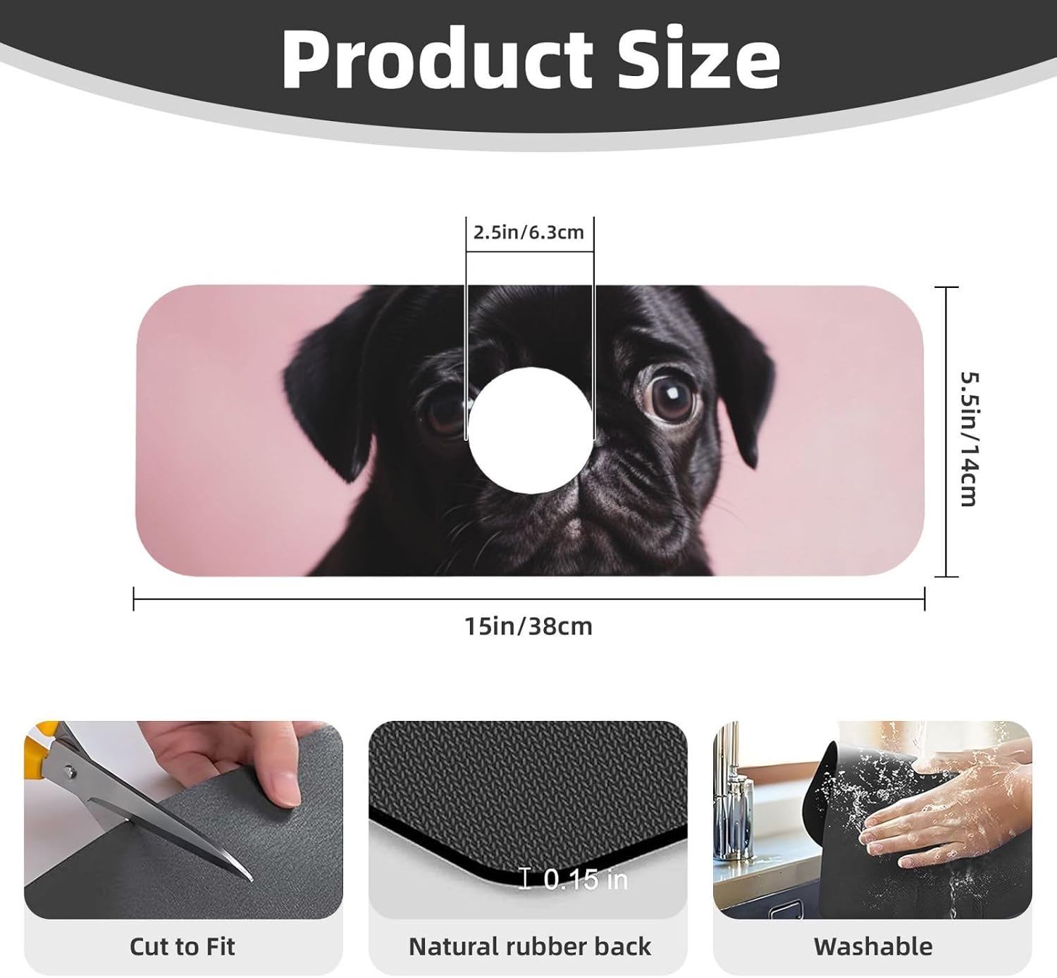 Splash Guard Mat For Kitchen Sink , Super Absorbent Fast Drying Faucet Mat Cute Black Pug Draining Mats Sink Gadgets Behind Faucet Sinkmat For Kitchen Bathroom 15"X5.5" image 2