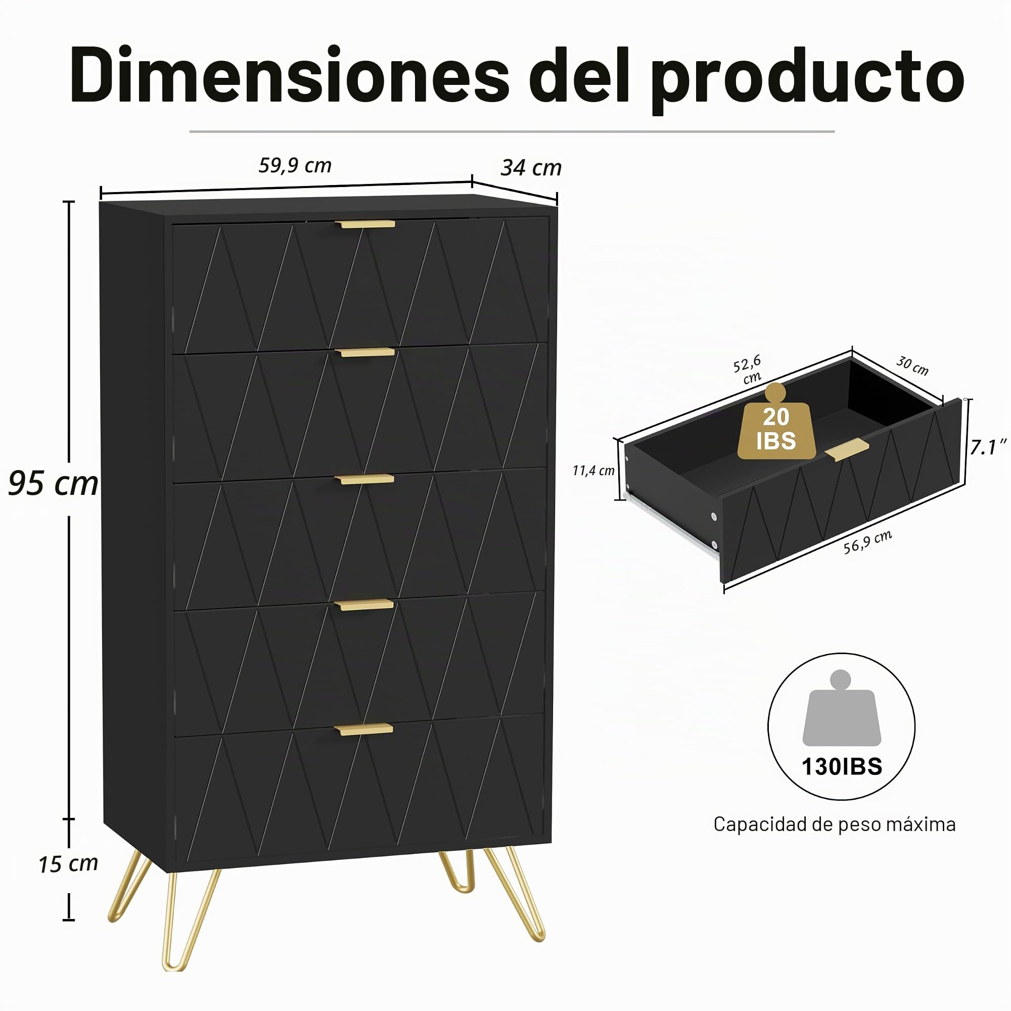 UEV Cajonera de 5 Cajones como Dormitorio con Asas y Patas Doradas, Modelo de Líneas de Superficie, para Salón, Dormitorio, Pasillo, 60 x 34 x 110 cm, Negro
